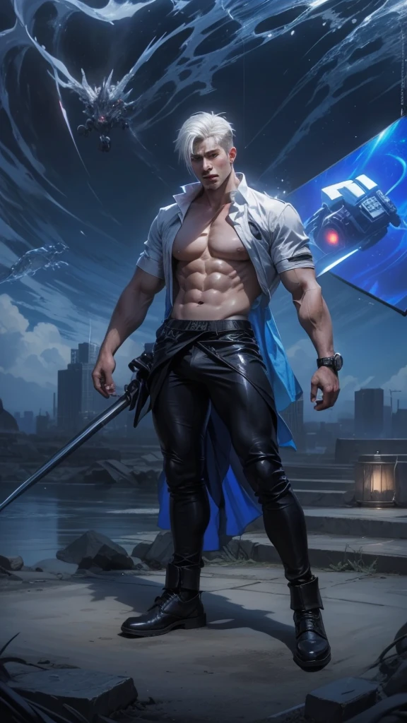 (max resolution: 1.2), (Ultra HDTV: 1.2), 8K resolution, Eye and skin details, detailed facial features, , (Sharp focus: 1.2), (Focus focus) facial expressions: 1.2), 1 Guy, Yes, White hair, exposed chest muscles, 8 pack, (No shirt), (((Black briefs)))