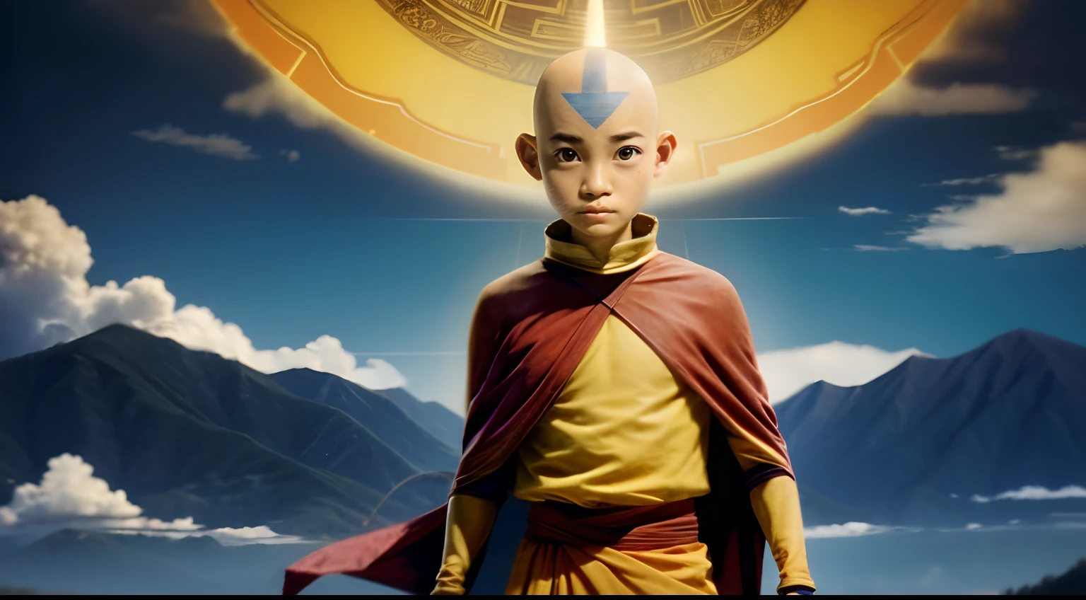 AangAv, solo, 1 boy, Tibetan, light skin, gray eyes, bald, blue arrow, orange and yellow robes, at the temple