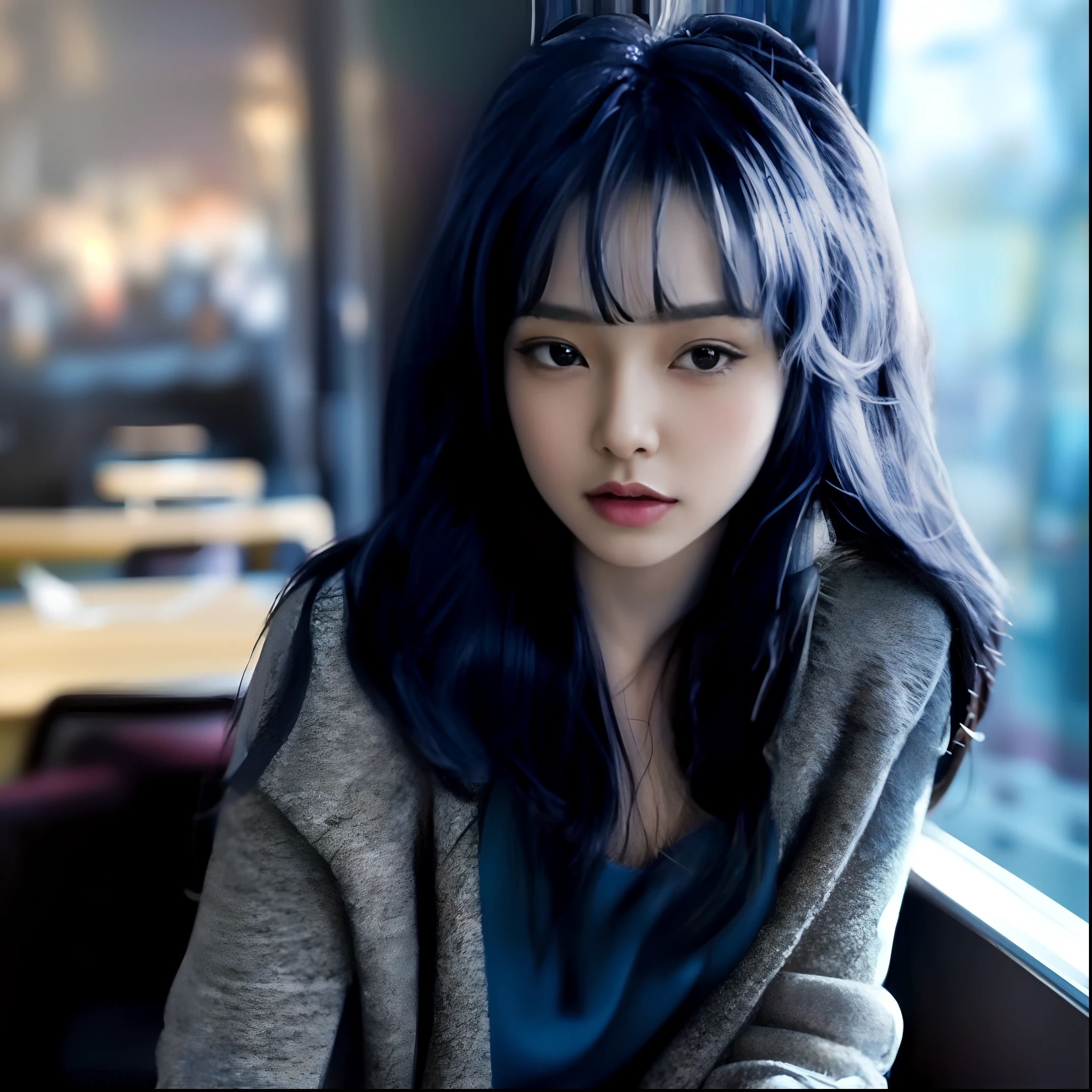 araffe woman with long blue hair sitting in a restaurant, dark blue hair, navy hair, dark blue long hair, ulzzang, she has black hair with bangs, korean girl, pretty girl with blue hair, blue hairstyle, dark blue tones, beautiful blue haired girl, girl with blue hair, with blue hair, black hime cut hair, sharp nose