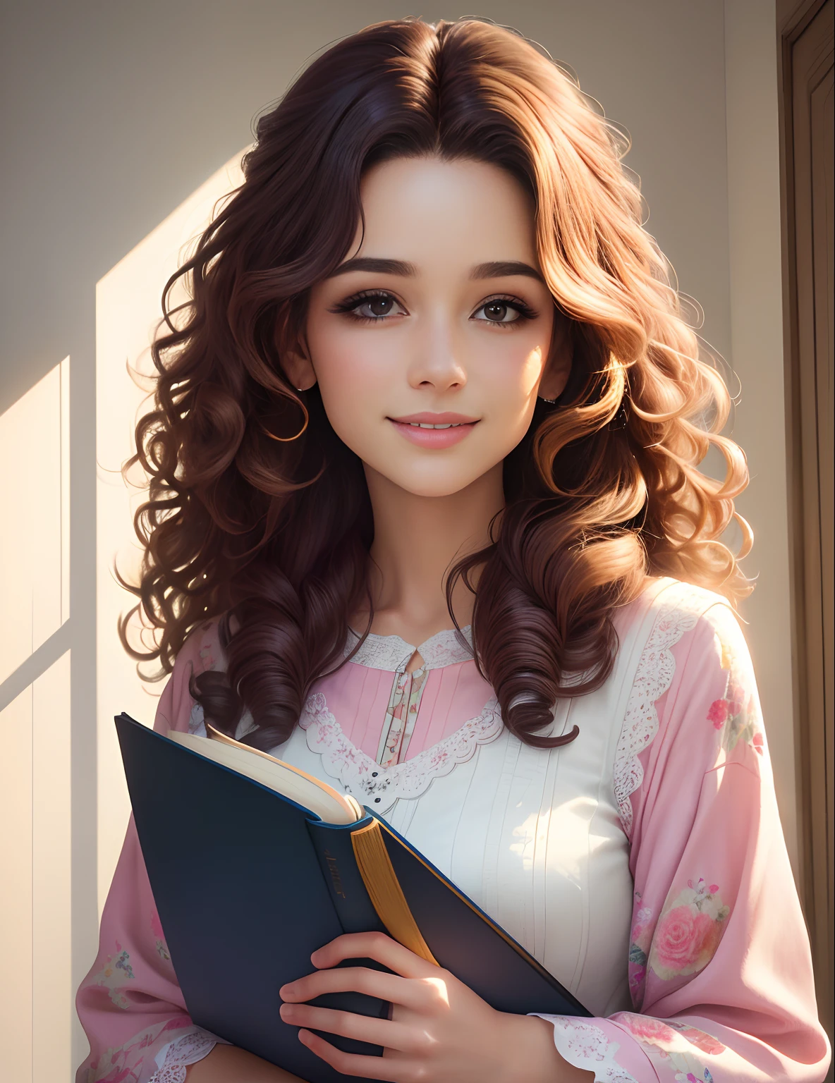 (best quality,4k,alto),Realistic portrait of a 28-year-old woman with extremely curly hair with medium height, Longos cabelos castanhos escuros e muito cacheados, usando vestido floral comportado elegante e usando muletas, and holding a bible in a Pixar-style illustration, with vibrant colors and soft lighting,Facial features, lastgo face, a beautiful shy detailed smile,Seamless pixel rendering,atmosfera de sonho