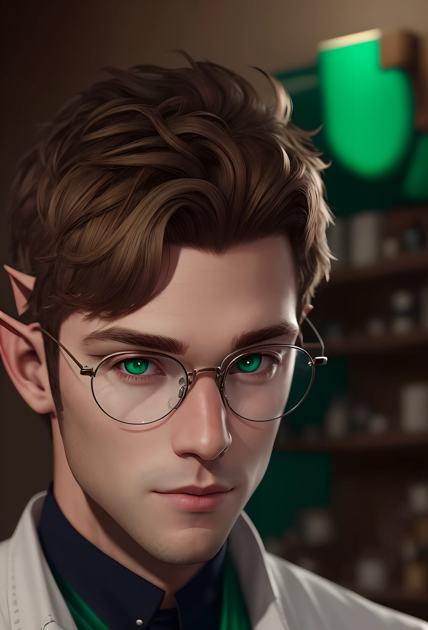 A realistic render of a white male elf artificer with short brown hair, green eyes and round glasses
