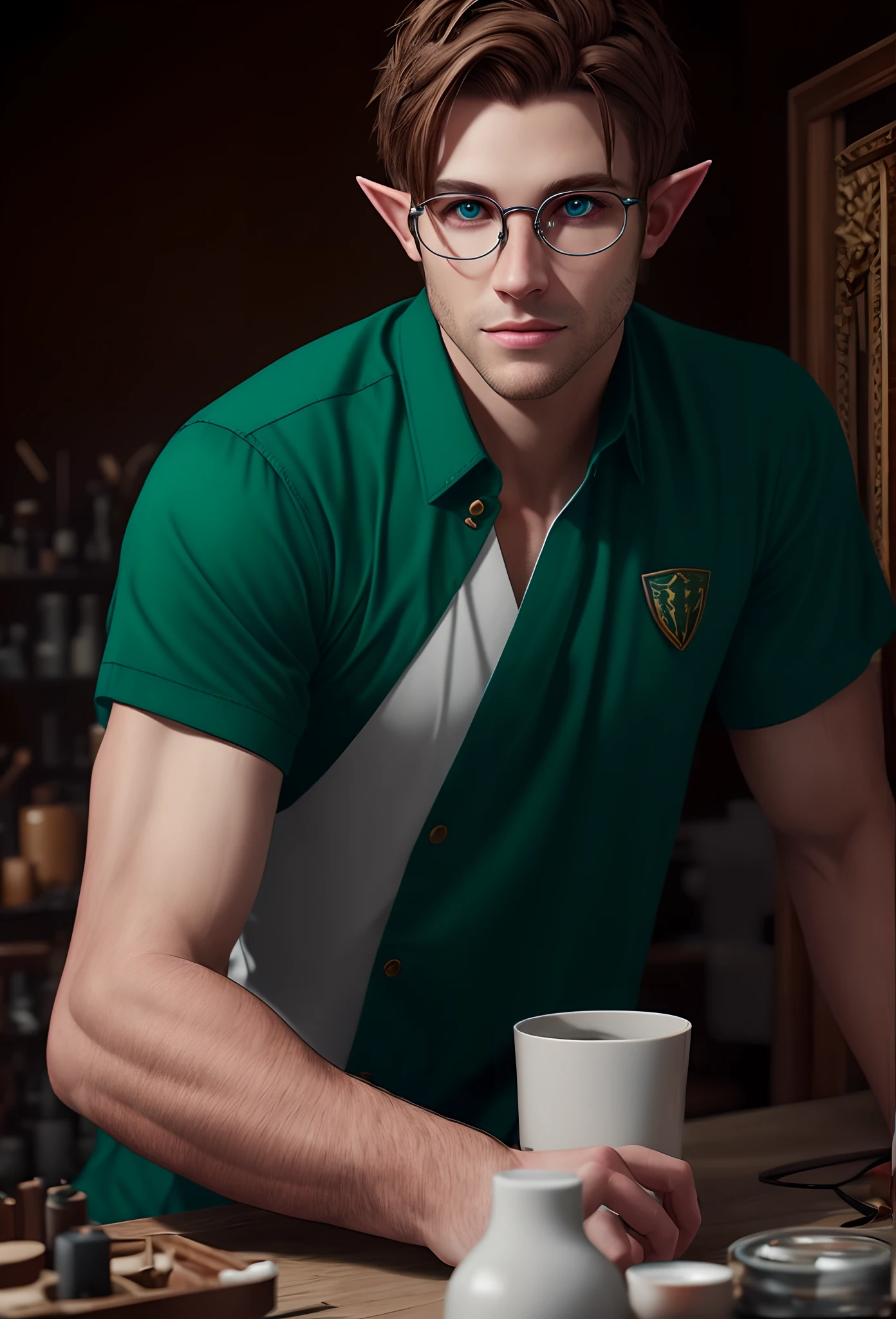 A realistic render of a white male elf artificer with short brown hair, green eyes and round glasses