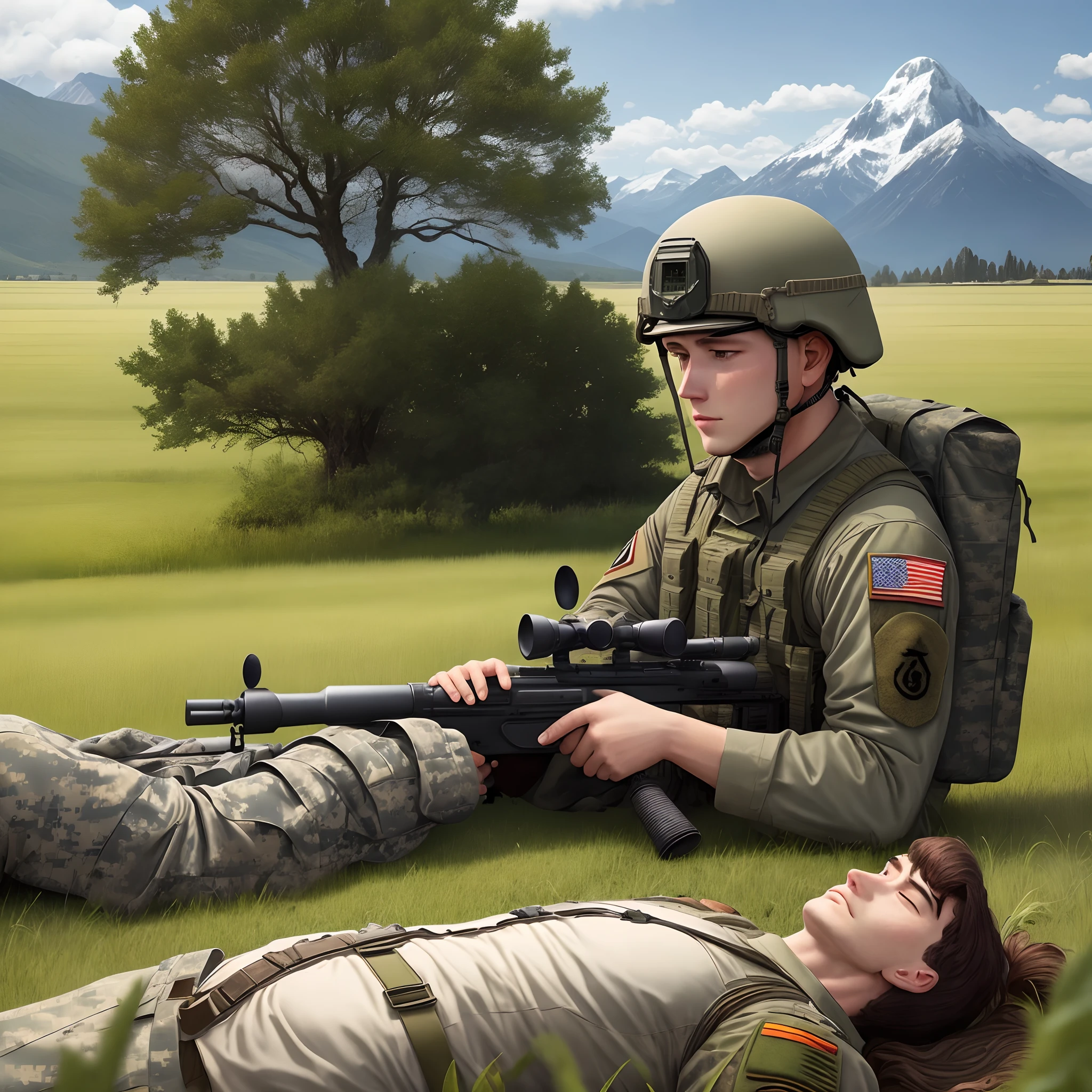 Military man resting sitting under a tree holding a sniper in a field with a mountain behind and two dead bodies lying in the field