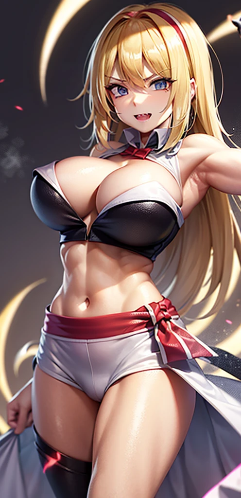 (8k), sharp focus, highres, 1girl, alice, upper body, arisdef, blonde hair, (sash, bow, hair band), Gigantic breasts, dress, (high quality:1.2), (high detail:1.2), (masterpiece:1.2), (extremely detailed:1.2), cleavage, muscular arms, muscular, very muscular, very muscular arms, large muscles, super muscular,angry, evil, smug, smirk, sharp teeth, vampire teeth, bare midriff, navel