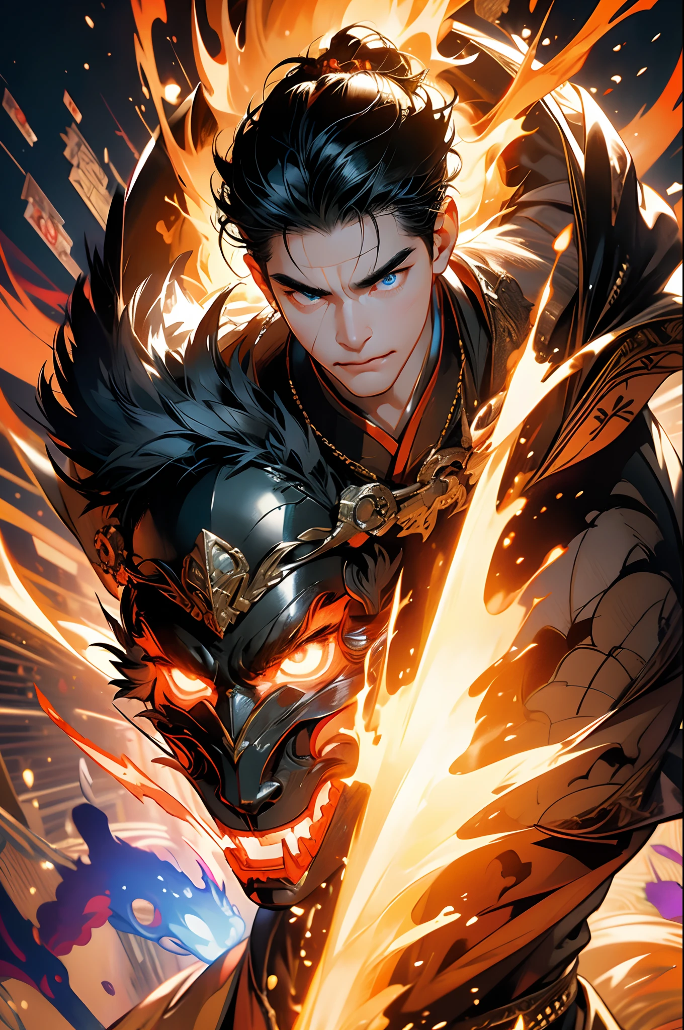 Li Gu bravely faced the self-destructive challenge of the giant evil spirit, His body was badly charred, But he is still alive. His face showed a look of determination and pain, Surrounded by a heroic aura, , 32K, Best quality, Masterpiece, Super detail, High details,