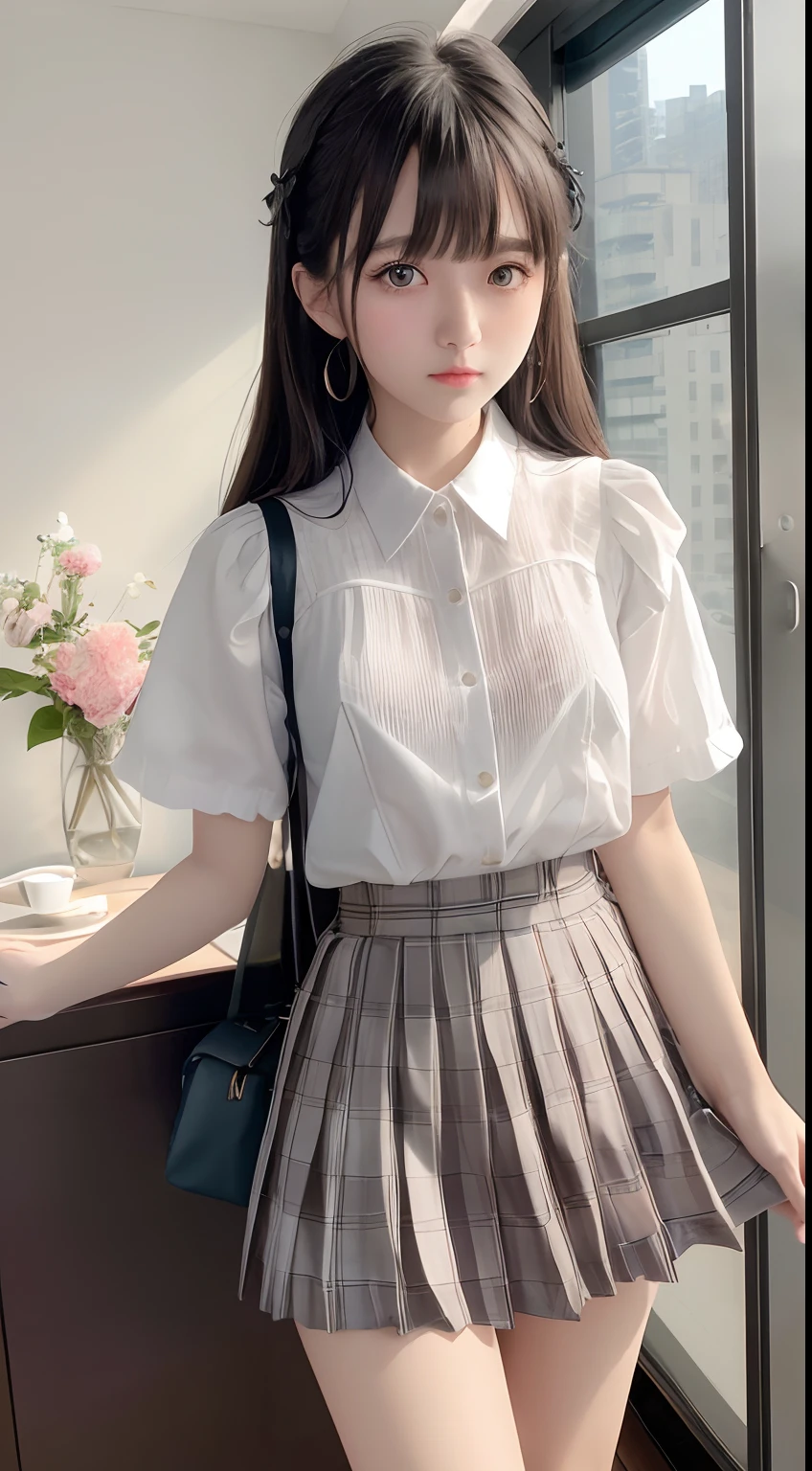 masterpiece, highest quality, High resolution, super detailed,amazingly beautiful woman, one girl, (a beauty girl, delicate girl:1.3), (13 years old:1.3), break,spring fashion, Wearing a light outer layer and shirt, Red checked casual dress:1.3), break, ( extremely fine-grained clarity, (symmetrical eyes:1.3), break, small breasts, natural color lips, smile, Daytime cityscape, looking at camera, full body shot ,(lush park:1.3), break,