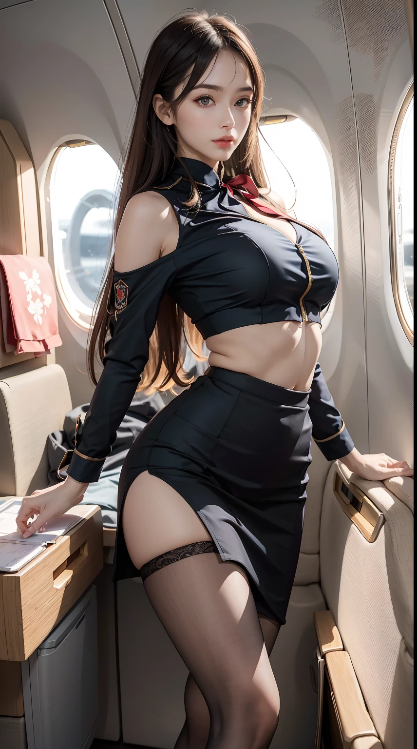 （From the outside） ， many colors，best qualtiy，8K，Real Photographics，Delicate skin details，tmasterpiece，photos realistic，intricate-detail，RAW photogr,in an airplane，ssmile，florals，Stewardess，sockes,extra long hair，cropped shoulders，delicated face，Hainan Airlines，Professional attire of flight attendants，Manteau，skirt by the，ornamented，Perfect Finger，Dissection is correct，(Large room，0.8)，Big Cuby hips，shiny skins，Shooting from front