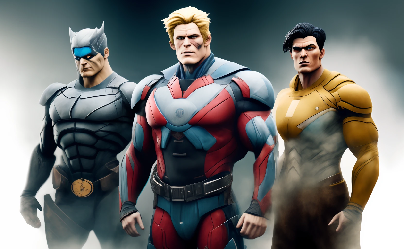 blonde man with blue eyes, jovial appearance, 19 to 233 years, jock, muscular, muscles, 8 sit-ups, large biceps, large pectorals, black symbiote clothing and tentacles --auto --s2