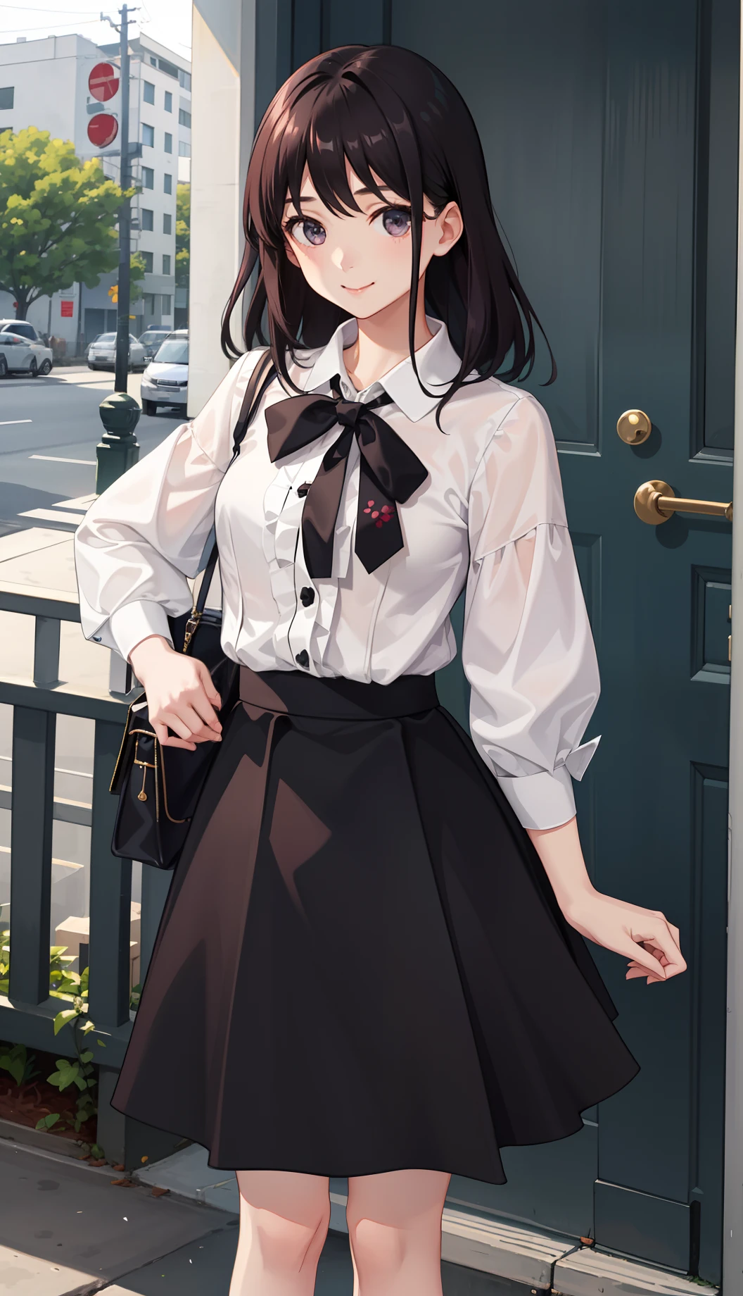 1girl in、A smile、The shirt、Blouse、（paler）skirt by the、（small tits）Chilarism、movement、