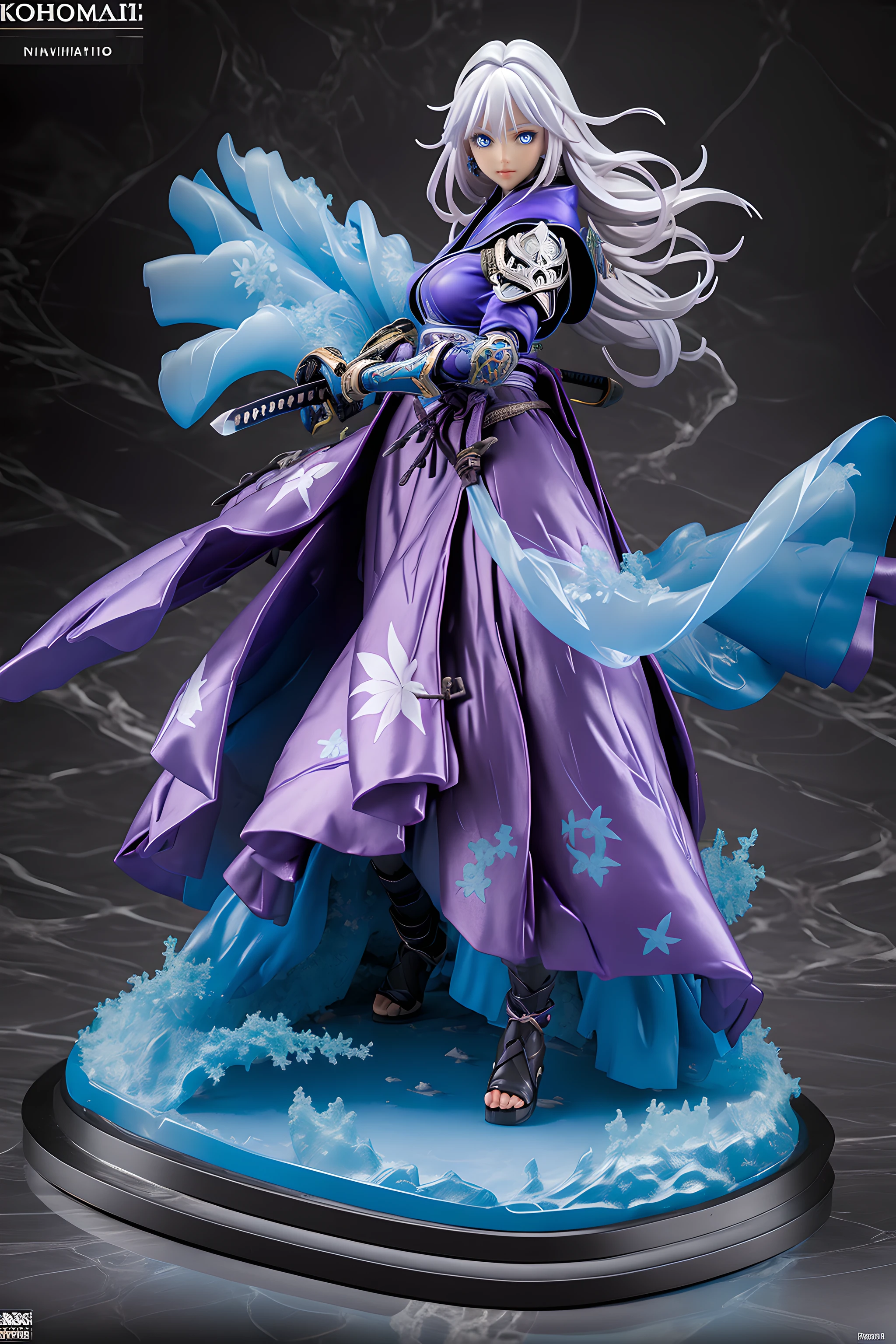 (masterpiece:1.2), (best quality:1.2), ((by Kotobukiya)), A super action figure, featured on AmiAmi, Anime 1/7 scale Figure, 1girl, a wonderful ninja woman with long white hair holding a kunai blade, (white hair with bangs),blue eyes, (ninja pose), mask, popupparade, cute and charming, (black cropped Ninja Suit with purple flowers details), flowered trees, (rooftop platform), ninja bandana, purple flowered scarf, gloves, solo, katana on back, gorgeous, colored, very sexy, big boobs