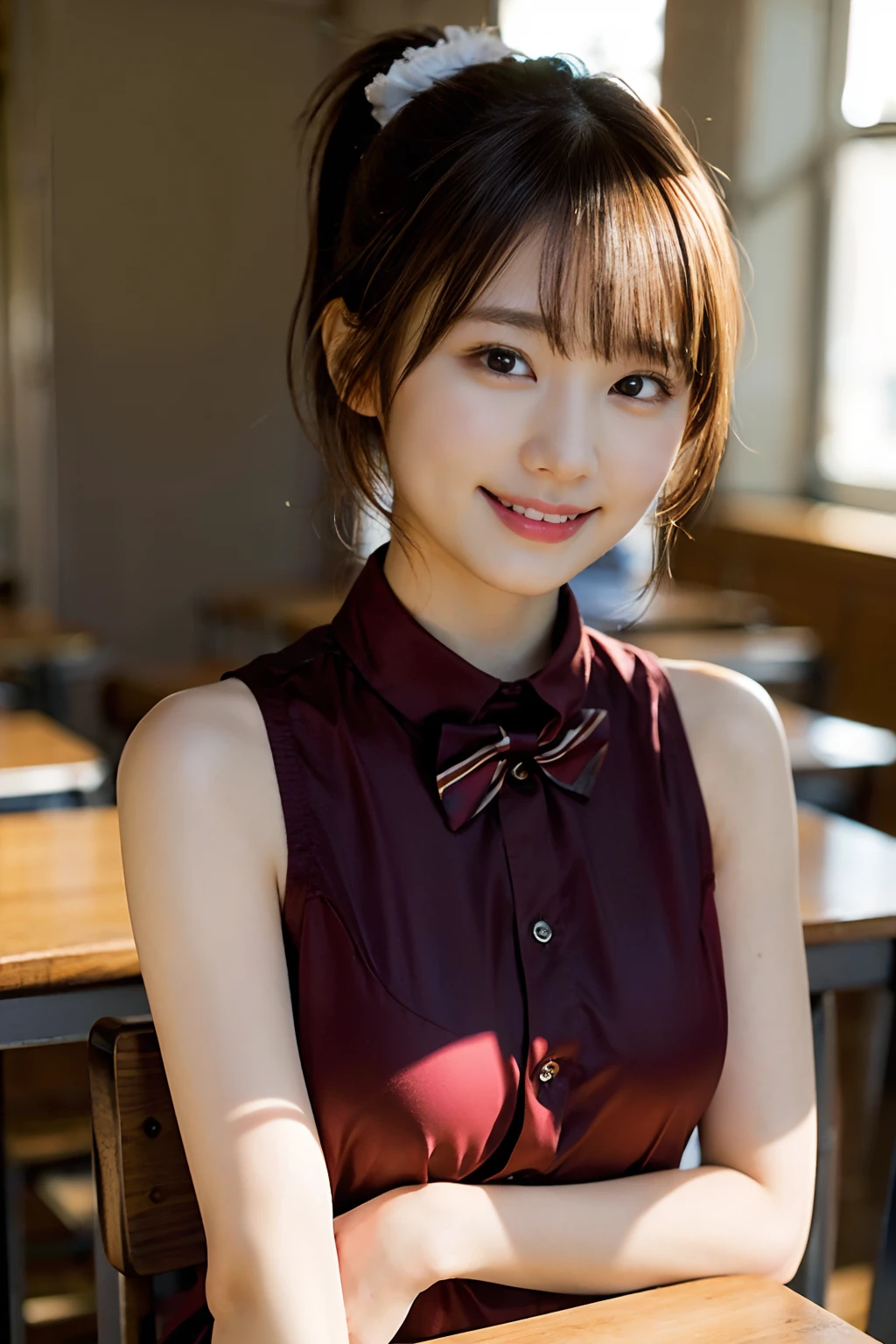 (8K、Raw photography、top-quality、masterpiece:1.2)、(realisitic、Photorealsitic:1.37)、ultra-detailliert、超A high resolution、1人、see the beholder、beautifull detailed face、A smile、Constriction、(Slim waist) :1.3)、Beautiful detailed skin、Skin Texture、Straight hair、Professional Lighting、(Whole human body)、Short hair、a blond、hi-school girl、School Grounds、Small breasts、Bob Hair、Happy smile、perspiring、(Armpit)、red bowtie、(Sitting table:1.2)、(Facing the front)、(Spread legs:1.2)、(Low ponytail:1.1),Exposed ,(fullnude), Uncensored,