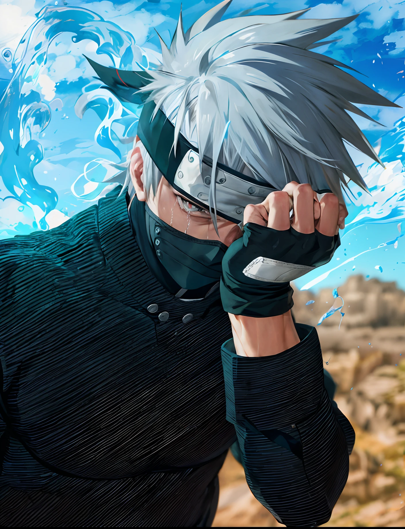 cara anime com cabelo branco e camisa preta chorando, Kakashi hatake , Shinobi, ele tem cabelos grisalhos , chorando, 8k , tears coming out of his eyes , chorando