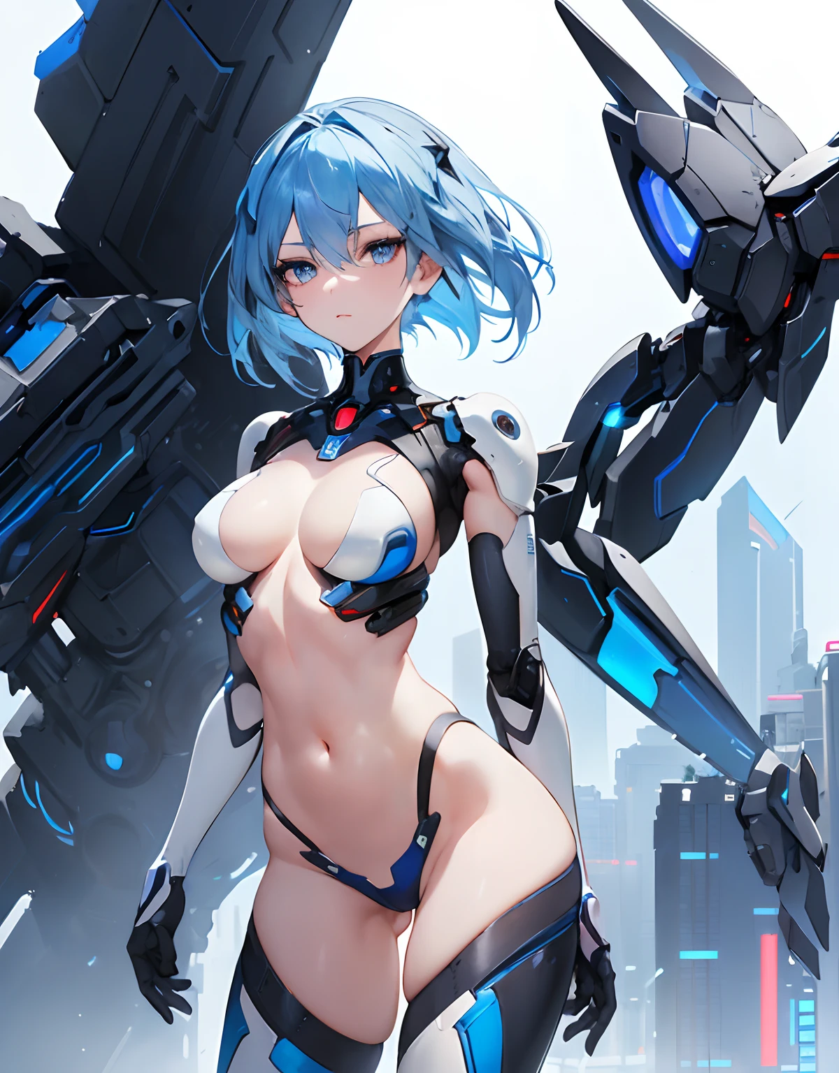 ((Masterpiece, Highest quality)), Detailed face, Beautiful face， full bodyesbian, Full of details, Highly detailed, Depth, Beautiful girl with piblue hair，short blue hair，Sick，White pupils，The legs are very thin，The legs are long, red eyelashes, ​masterpiece, 1girl Rei Ayanami((20year old, futuristic mech armor blue and white exposes navel, medium breasts,  flirting, different poses, from behind, buttcup, back facing the middle of a sci-fi futuristic urban street, neon lights and towering skyscrapers, futuristic and energetic atmosphere), ((nighttime)) ((low camera angle, ground view)) Tall and tall，Thin, 8k, ultrarealistik, oficial art,