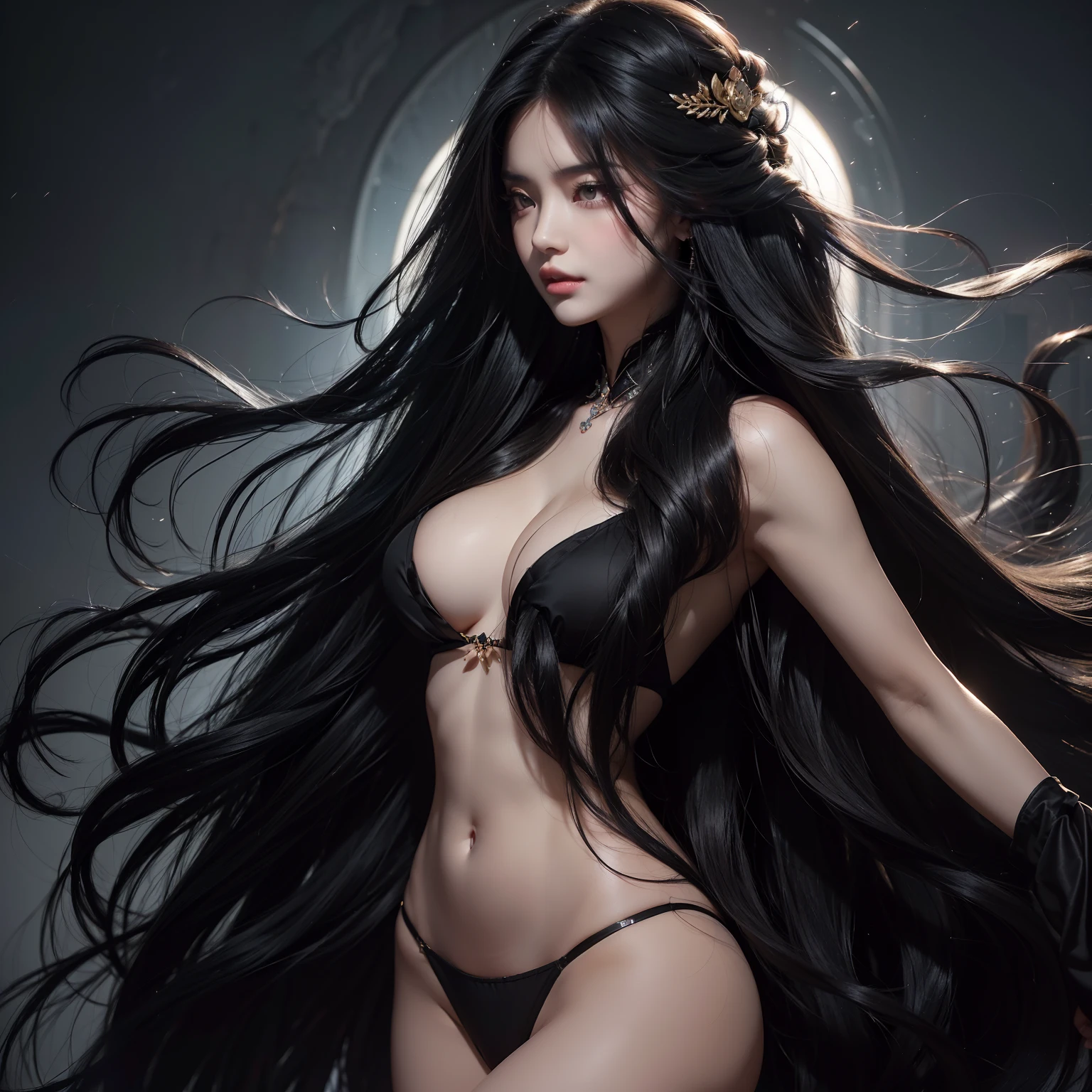 (Top image quality、top-quality、Top resolution、hyper realistic photography、Full body photo、​masterpiece、16ｋ、）1girl in、Surprisingly long black hair is super beautiful、hair length about 3 meters、White underwear or naked、Hide the whole body with straight black hair、Very beautiful face、well-groomed beautiful black hair、very large amount of hair、Ultra-long black hair with an emphasis on sex appeal as a woman、slim figure、Lustrous beautiful hair、Bright lighting、profetional lighting、Winner of the World Long Hair Contest、Full body real photo、Head-to-toe photo、Photo taken from about 4 meters away、Super Real、Two hands、2 legs、The longest black hair in the world、Hair is heavy and tired、Hair longer than Rapunzel、very large amount of hair、I hide my whole body with very long black hair、Hair that is shampooed every day is very clean、Hair smells of roses、Very long black hair is my sex appeal、Very long black hair is my charm、Long black hair is a symbol of beauty、My pride is very long black hair、This long hair length and amount is admired all over the world、My very long black hair is spread out in a fan shape、Facing backwards、Sleeping face down、Silky black hair flowing from the shoulders to the floor、Ridiculously large amount of hair、The hair is ridiculously bushy、Wrap the entire bed in hair、Hide my hands with long hair、Hide my fingers with long hair、A storm of angry black hair that seems to overflow from the screen、