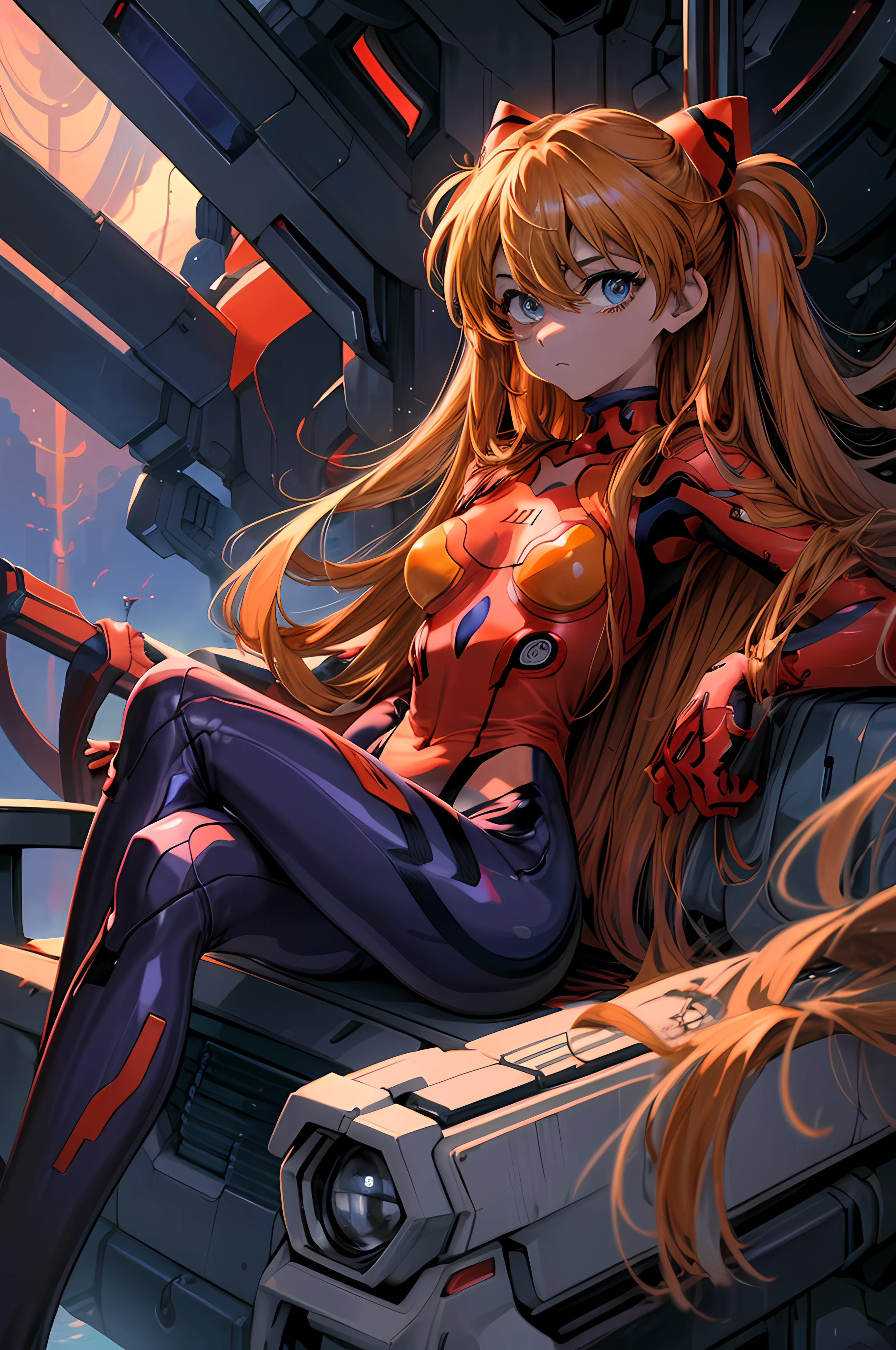 (masterpiece), best quality, expressive eyes, perfect face, 1girl, solo, souryuu asuka langley, interface headset, red bodysuit, laboratory background, sitting on a mecha, crossed legs, upper body, portrait, looking at the viewer