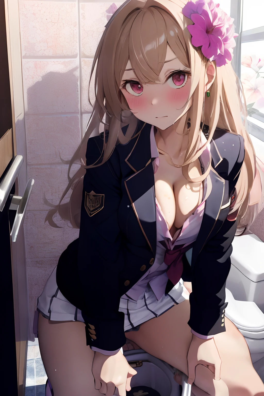 Fluffy long hair,Stylish and clean toilet,Peeing,Decorated with a lot of flowers,student clothes,Blazer type school uniforms,fluffy hair,Squatting down and trying to pull down your underwear,Embarrassed look,You can lean forward to see your cleavage,