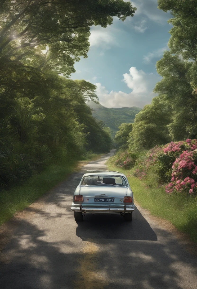 best scenery,Ocean in the distance,hillside,fences,road,The Car,the trees,fresh flowers,grass,girl,
