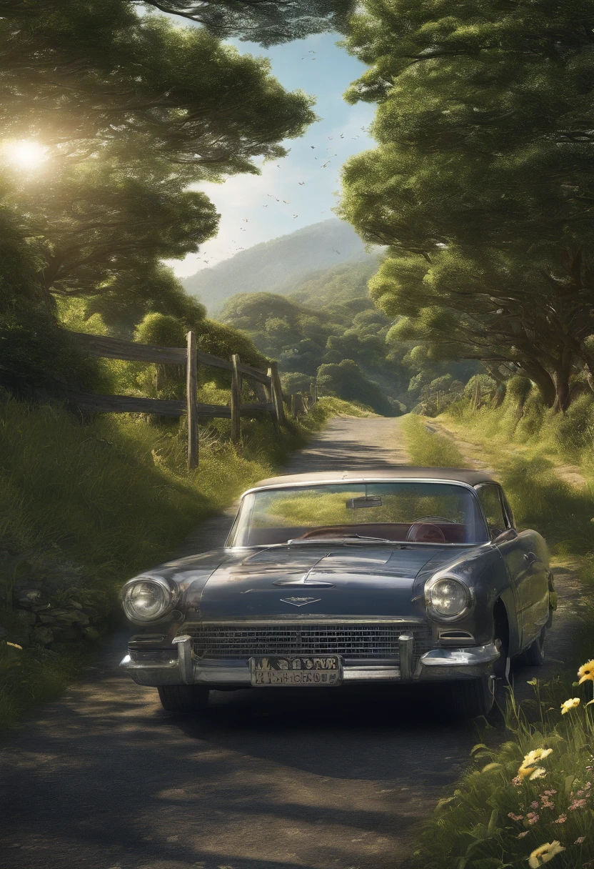 best scenery,Ocean in the distance,hillside,fences,road,The Car,the trees,fresh flowers,grass,girl,