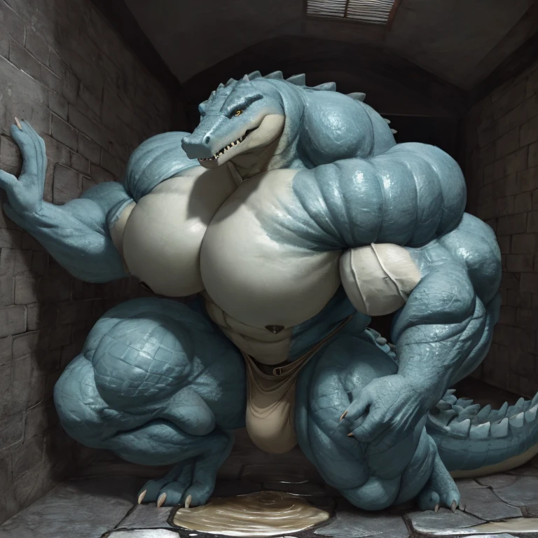 Hyperrealistic, highly detailed textures, Anthro, crocodile, kemono, male, huge muscles, (huge pecs:1.2), detailed fur, uncropped, dungeon, stepping in puddle,