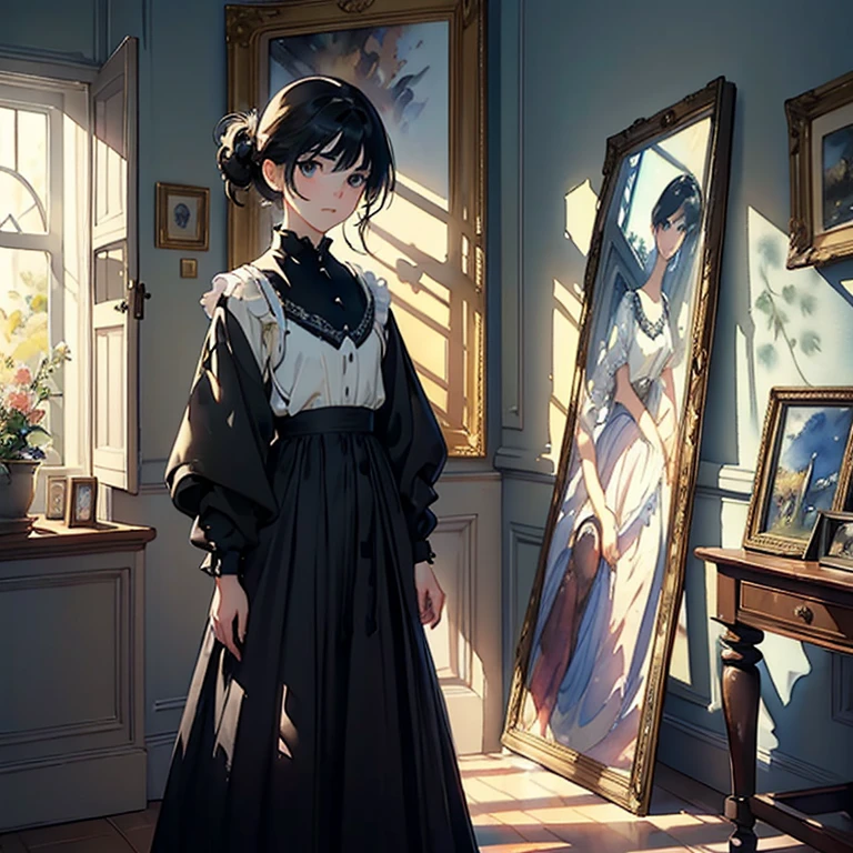 ((Watercolor by singer Sargent))、(top-quality、masterpiece)、1girl in、、A stunning、Short black hair、Black eyes、tiny chest、校服、long skirt、a room、window、Soft light、