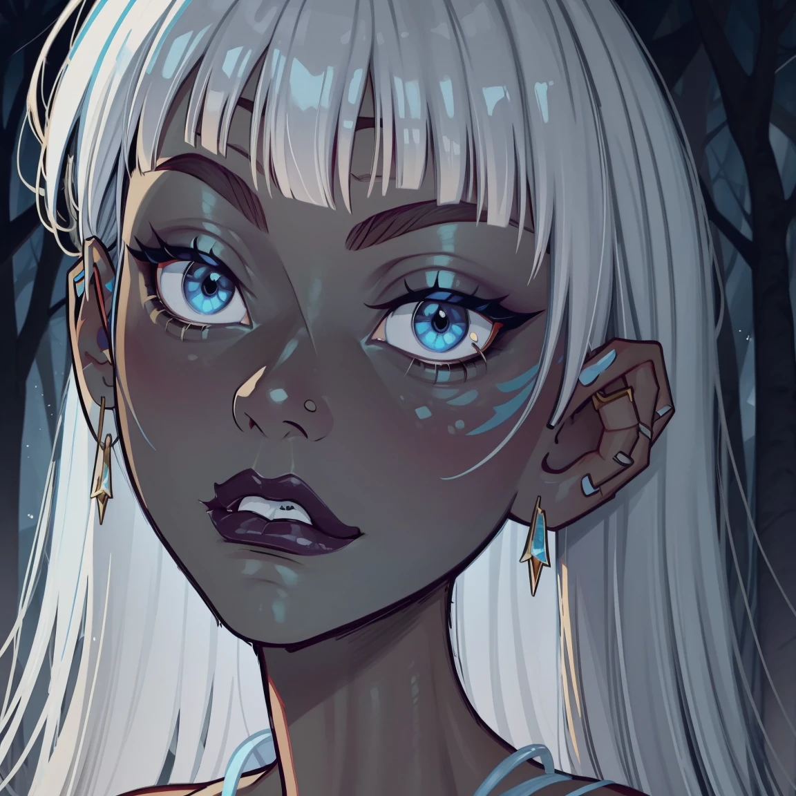 Kida, autumn forest background, detailed, detailed, detailed, beautiful, detail, goth girl, masterpiece, dark night background, gothic, goth, goth, detailed, goth girl, piercings, detailed face, looking viewer, kida, (Dark eye shadow) dark eye shadow, black eye shadow, kida