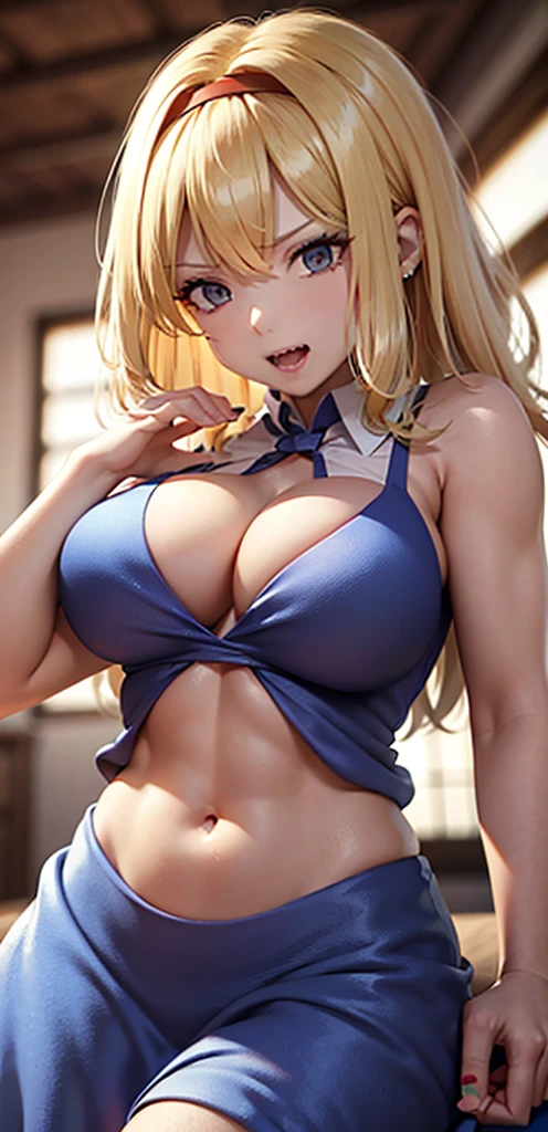 (8k), sharp focus, highres, 1girl, alice, upper body, arisdef, blonde hair, (sash, bow, hair band), Gigantic breasts, dress, (high quality:1.2), (high detail:1.2), (masterpiece:1.2), (extremely detailed:1.2), cleavage, muscular arms, muscular, very muscular, very muscular arms, large muscles, super muscular,angry, evil, smug, smirk, sharp teeth, vampire teeth, bare midriff, navel, six pack, abs