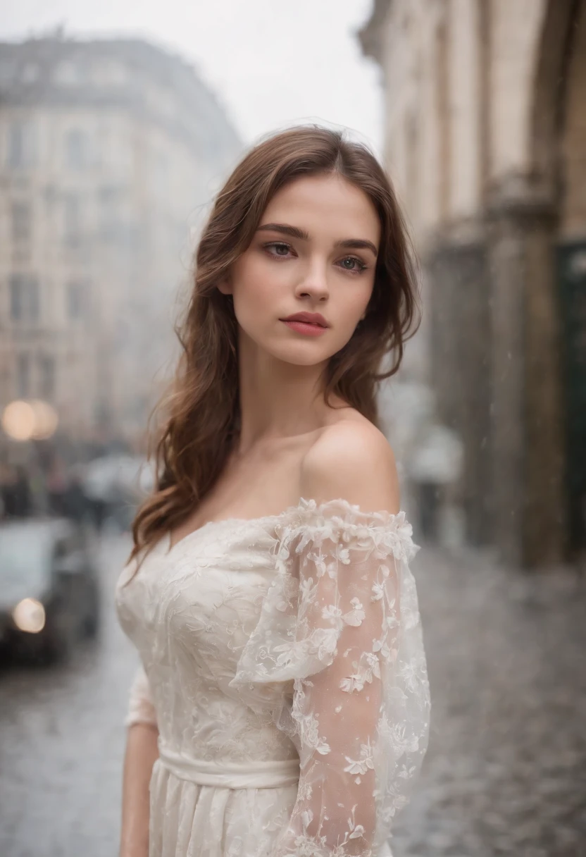 18 yo girl, Vestido blanco, con el pelo largo y enrollado, rubio, Cara hermosa, lluvia, techo, Obra maestra, Detalles intrincados, Perfect anatomy, Detalles faciales y corporales.