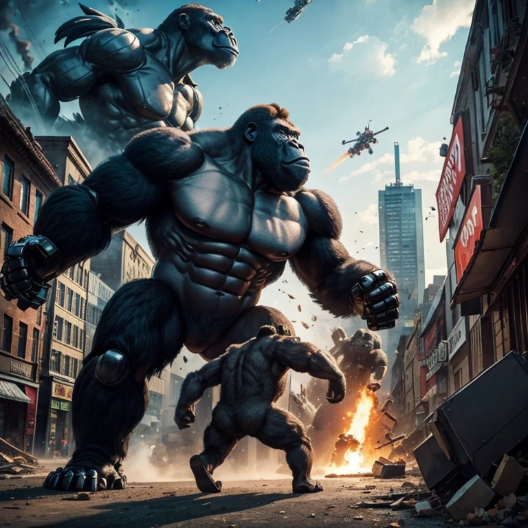 Big gorilla destroying a town and a big robot fighting the gorilla