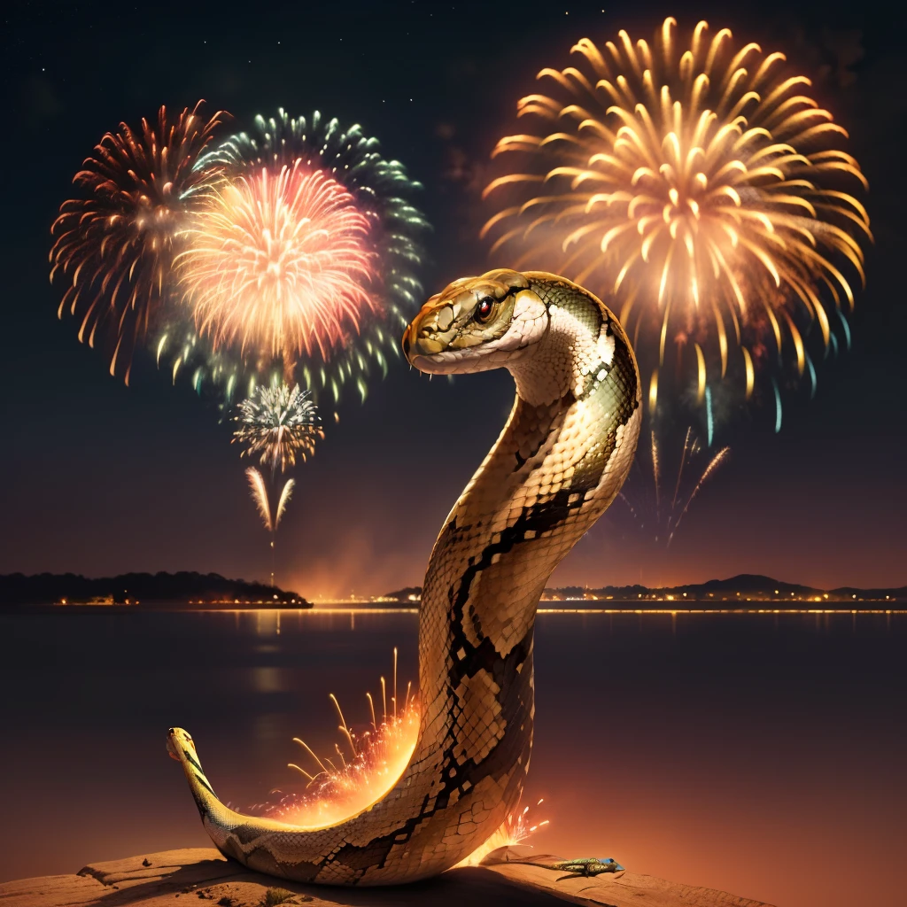 Snake with fireworks behind