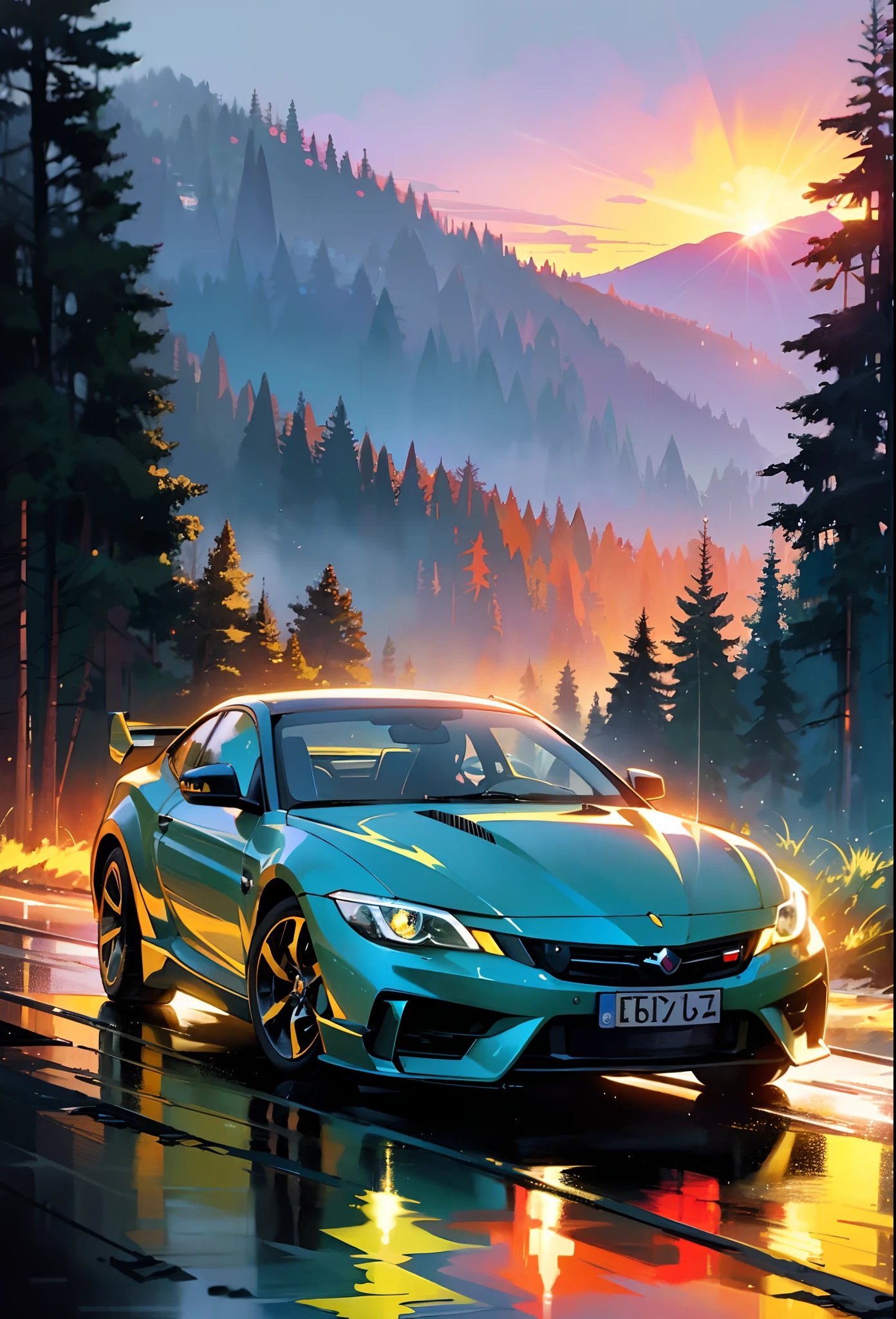 Car, car, sport car, wet road, in the forest, nature, expensive car, z crystals, sea, mountains, amazing sunset, graceful, dynamic bright lighting, happiness, full color, multicolor, artful, supreme detail, super quality, fine details, highlights, neon lights, masterpiece, best colors