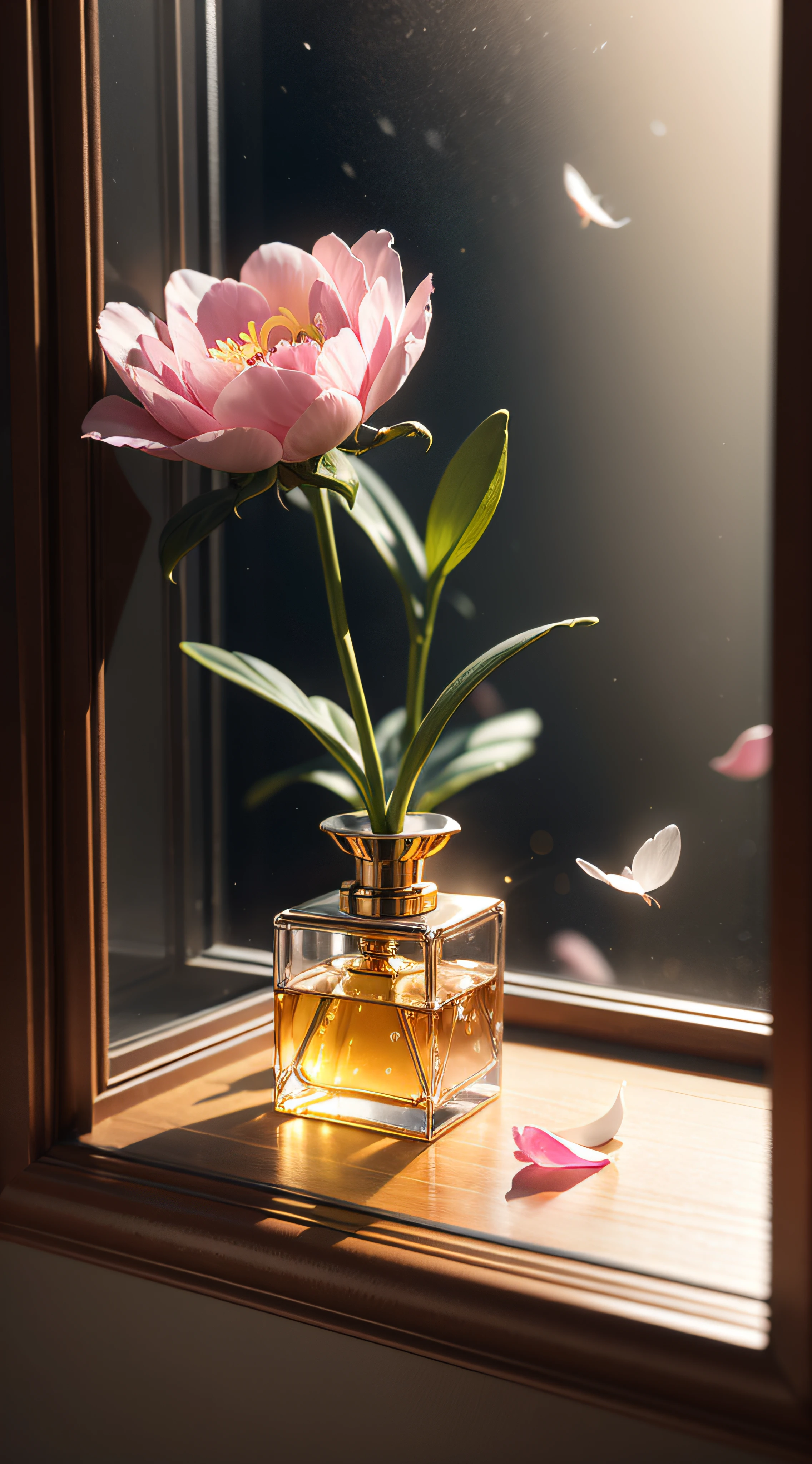 Seaside window view,Ocean-like perfume interior,Translucent melts,Transparent glass material,Clean and transparent,ultra-realistic realism,luxury goods,Noble,femminine,designer touch,Contour light,Medium view,Butterflies,An environment where flower petals float in the air,Light gold and light pink interior background rose or snowdrop or peony flower,senior color matching,Studio lighting,hyper-high detail,3D,oc rendered,HD,8K, --v 6