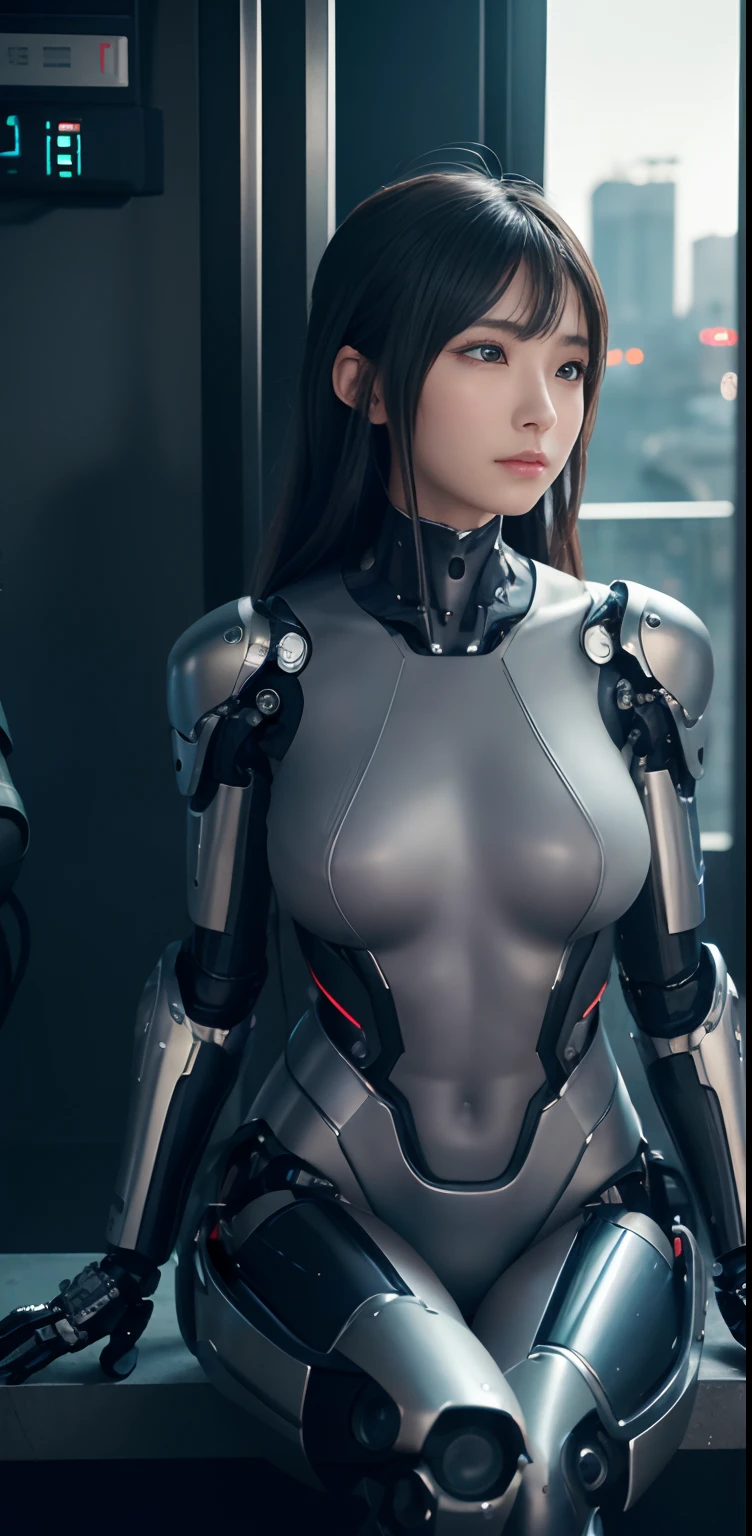 masterpiece、((grey sweater))、 ((plugsuit)), ((a beauty girl:1.4))、I don't have both arms.、Some mechs、Mechanized body、Mechanized chest and abdomen、Mechanized occipital、Mechanized legs、Black metallic suit tight to the body、is standing、Tied up、Metal Robot、((Cyberpunk background))、(Neon light)、(Background of the machine shop of the future)、Cyberdyne、Artificial bodies、All-metal body、Ironwork、Abdominal mechanism、((Robotic Arms and Hands))、((Robot legs))、((Cervical part of the machine))、Inside the spaceship、a beauty girl、、Asian Beauty, (Abdomen exposes actuators and cables)、From the neck down is the body of a metal robot、Complex 3d rendering beautiful porcelain profile super detailed female android face、cyborgs、roboticparts、150mm、beautiful studio soft light、Rim Lights、vibrant detail、luxuriouscyberpunk、Ren Hao、surrealistic、Anatomical、face muscles、cable electric wires、microchips、elegent、beatiful backgrounds、octan render、HR Giger Style、8K、top-quality、masterpiece、illustratio、extremely delicate and beautiful、 extremely details CG、Unity、wall-paper、(realisitic、Photorealsitic:1.37)、astonishing、detaile、masterpiece、best qualtiy、Official art、Highly detailed CG Unity 8k wallpaper、absurderes、incredibly absurdness、、机器人、Silver Halmet、full body Esbian、sitting on
