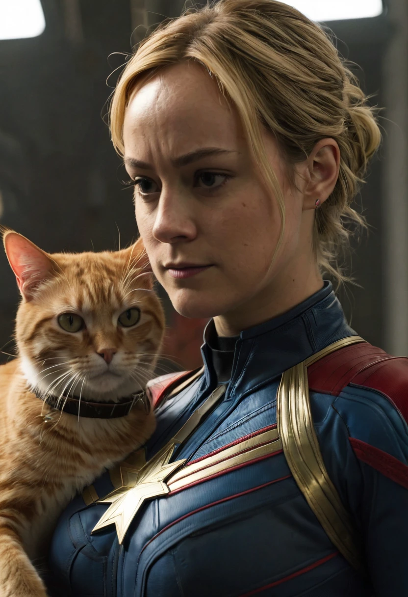 captain marvel and a flerken from marvel comics, orange cat wearing a collar, capatain marvel, blonde girl, (brie larson), epic scene, (cinematic:1.2), dynamica angle, masterpiece, best quality