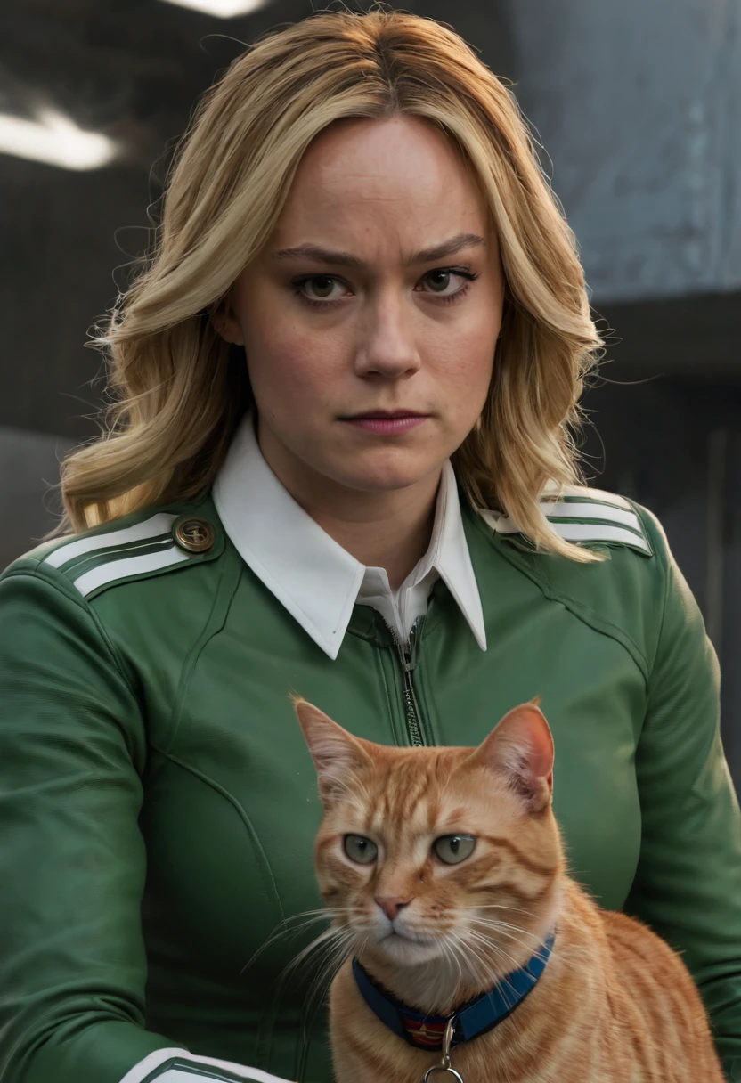 captain marvel and a flerken from marvel comics, orange cat wearing a collar, captain marvel, blonde girl, (brie larson), epic scene, (cinematic:1.2), dynamica angle, masterpiece, best quality