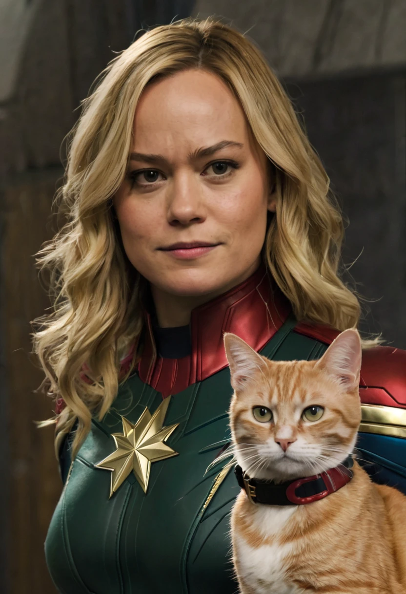 captain marvel and a flerken from marvel comics, orange cat wearing a collar, captain marvel, blonde girl, (brie larson), epic scene, (cinematic:1.2), dynamica angle, masterpiece, best quality