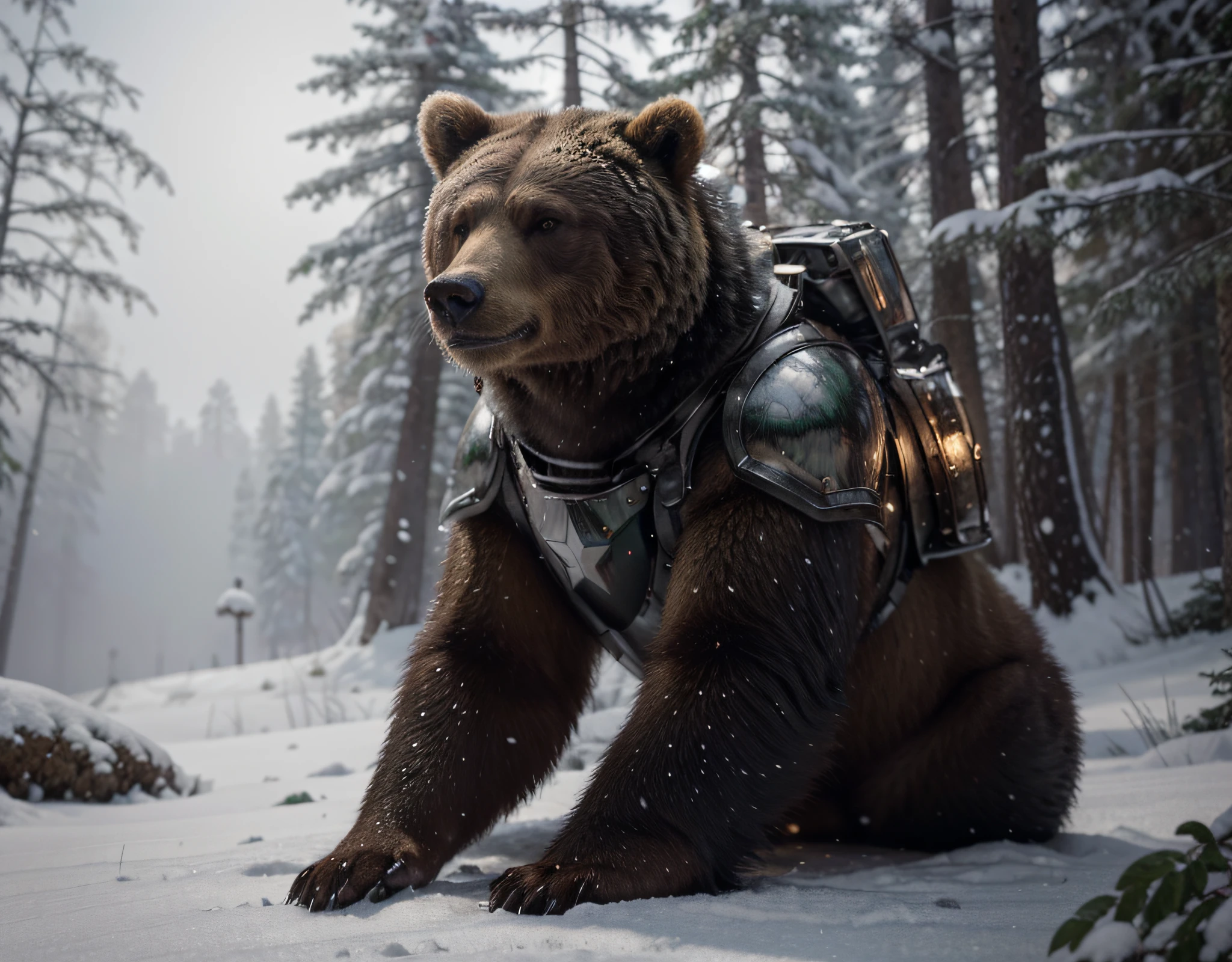 Grizzly bear realistically detailed fur, The bear wears metal armor plates and helmet, Red and green color, this, Wild snowy forest, realistic, 4k, Ultra detailed image, realistic, Highly detailed, perfect composition, gorgeous, Intricately detailed, incredibly detailed , Art photography 8K, hyper detailed, Masterpiece, Ultra detailed, hyper realistic, 4k, Ultra detailed image, realistic, Highly detailed, perfect composition, beautiful, intricately detailed, incredibly detailed, art photography 8k, hyper detailed, masterpiece