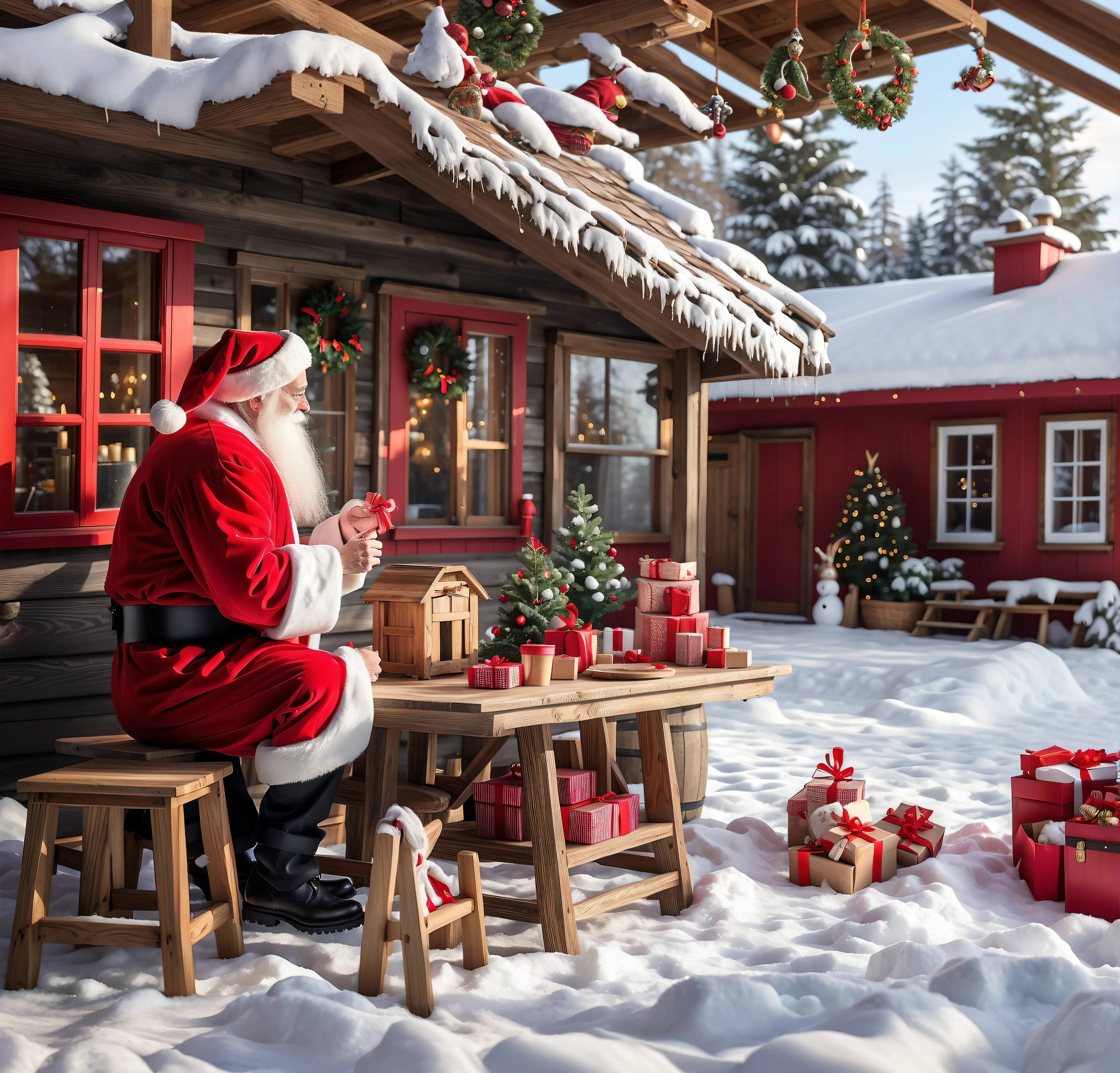 santa claus sitting at a table outside a cabin with presents, santa inside a rustic barn, santa's workshop, santa, 🕹️ 😎 🔫 🤖 🚬, christmas, holiday season, by Jakob Gauermann, shutterstock, very high resolution, by Dietmar Damerau, winter setting, by Franz Hegi, santa claus, incredibly realistic, santa clause