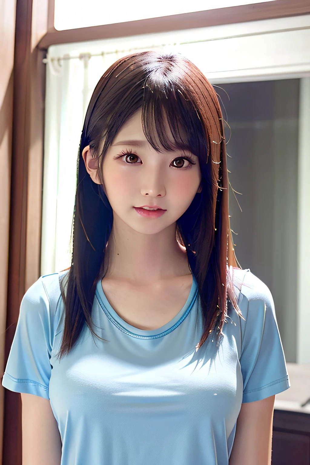 8K、top-quality、A hyper-realistic、(Photorealsitic:1.37)、hight resolution、1girl in、(tshirts:1.5)、(Floating hair:1.3)、(Skindentation)、(profetional lighting)、(huge tit:1.2)、The ultra-detailliert、(shinny skin:1.25)、(plumw:1.25)、(blouse:1.35)、(light particules、lensflare、Luminous particles:0.6)、(Floating hair:1.2)、(dynamicposes:1.15)、Mirror reflection illumination、Soft lighting、sunlights、Look at viewers、inside in room、(small head:1.47)、pureerosface_v1