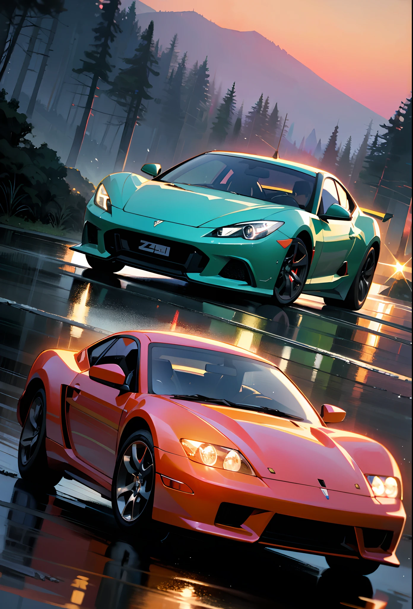 Car, car, sport car, wet road, in the forest, nature, expensive car, z crystals, sea, mountains, amazing sunset, graceful, dynamic bright lighting, happiness, full color, multicolor, artful, supreme detail, super quality, fine details, highlights, neon lights, masterpiece, best colors