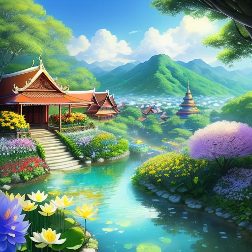 with a realistic、Be authentic、beautifly、amazing landscape、with blue sky and white clouds、flower、Chii、the woods 、mont、The lotus flowers,garden,vila,city,region,Yellow Temple、a paradise、a chair、a bed、Smoke、Fluttering Flag、Indoor, Red carpet,canopy,thai style,Resort、springtime、full bloom、flat land、celestial realm、Yellow roof、safety、railing、placid