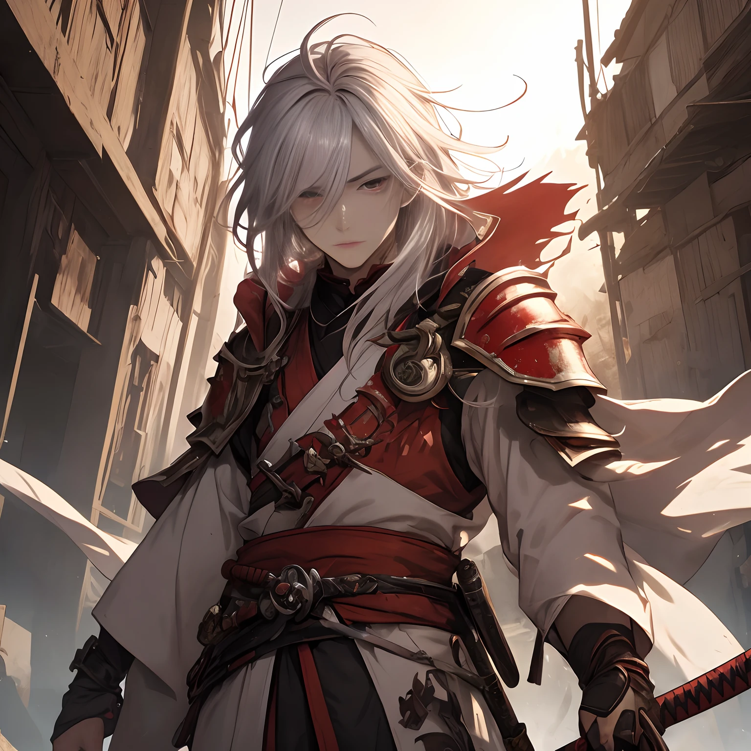 animesque、Fantasia、A Japanese style、１Man of Man（18year old、Silver Ruff Hair（Bouncing outward）、Cuts around the eyes、Red Eyes、Red mesh、Japanese armor（Komono、delicate detail、Fine details）、Japanese Katana Sword（long to、warped））Wasteland、Petricular muscle、burnt、Man is in the wilderness。