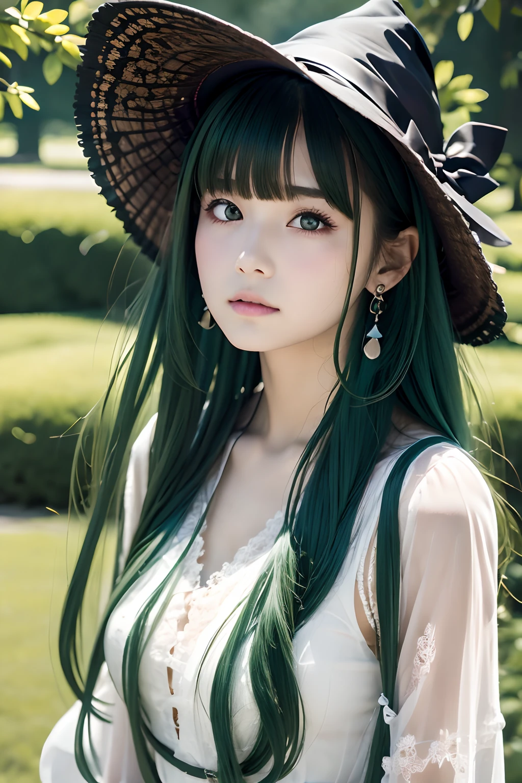 Woman, Long hair, Ultra realistic 8K, butterfly, Blunt bangs, Parted lips, Holding, Green eyes, hat bow, black headwear, Bangs, girl, Green hair, aqua hair, Available ornaments, masutepiece, Witch Hat, Bow, Long sleeves, Best Quality, depth of fields, Upper body, Jewelry, Looking at Viewer, earrings, aqua eyes, Raw photo, Witch, hat flower, hat, Lace, Solo, frilld, In the background、adventure、