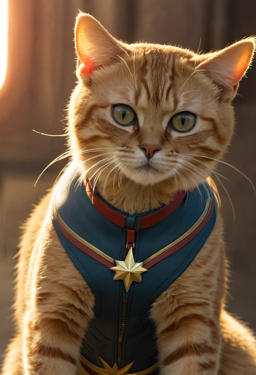 captain marvel and a flerken from marvel comics, orange cat wearing a collar, captain marvel, blonde girl, (brie larson), epic scene, (cinematic:1.2), dynamica angle, masterpiece, best quality