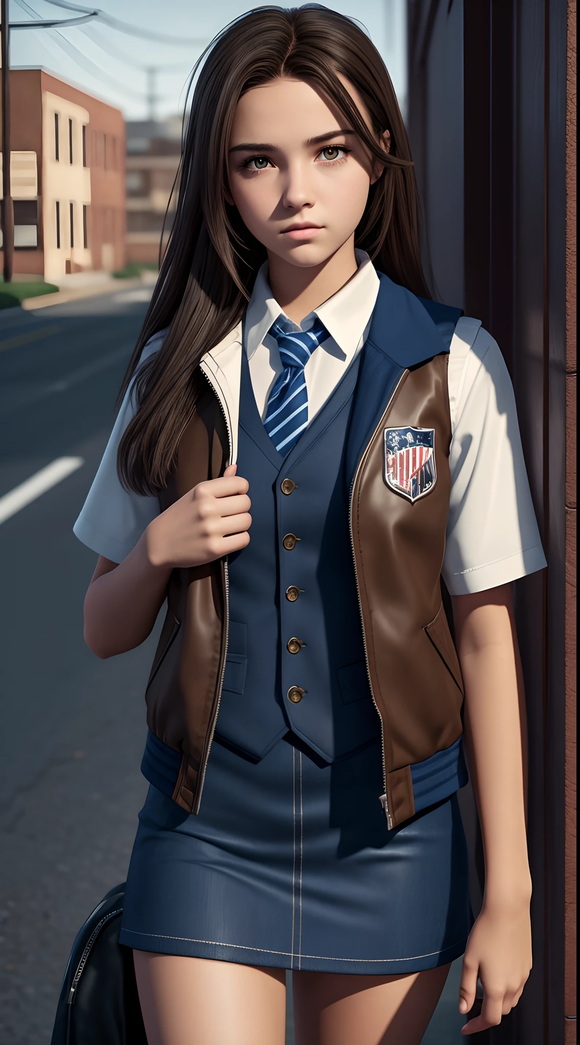 Teenager Girl, Brown Hair, Dark Brown Eye, American High School, Crime Mood, Noir, American School outfit with Blue School Vest, 3D, Realistic, HDR, HD, Background, RTX, 2K, Masterpiece.