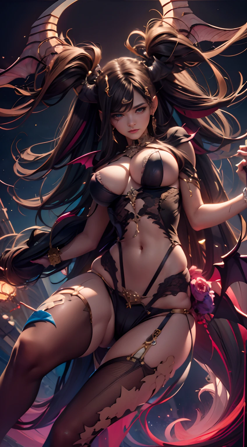 (Masterpiece, Top quality, Best quality, offcial art, Beautiful and aesthetic:1.2), (1 Beautiful and sexy ((Succubus Demon))), (Dynamic pose), Cowboy shot, full bodyesbian，s the perfect face，Calm expression，Extremely detailed, (Fractal art:1.3), Colorful, Highest detail, ((NSFW, Naked)) ((Cinematic lighting))