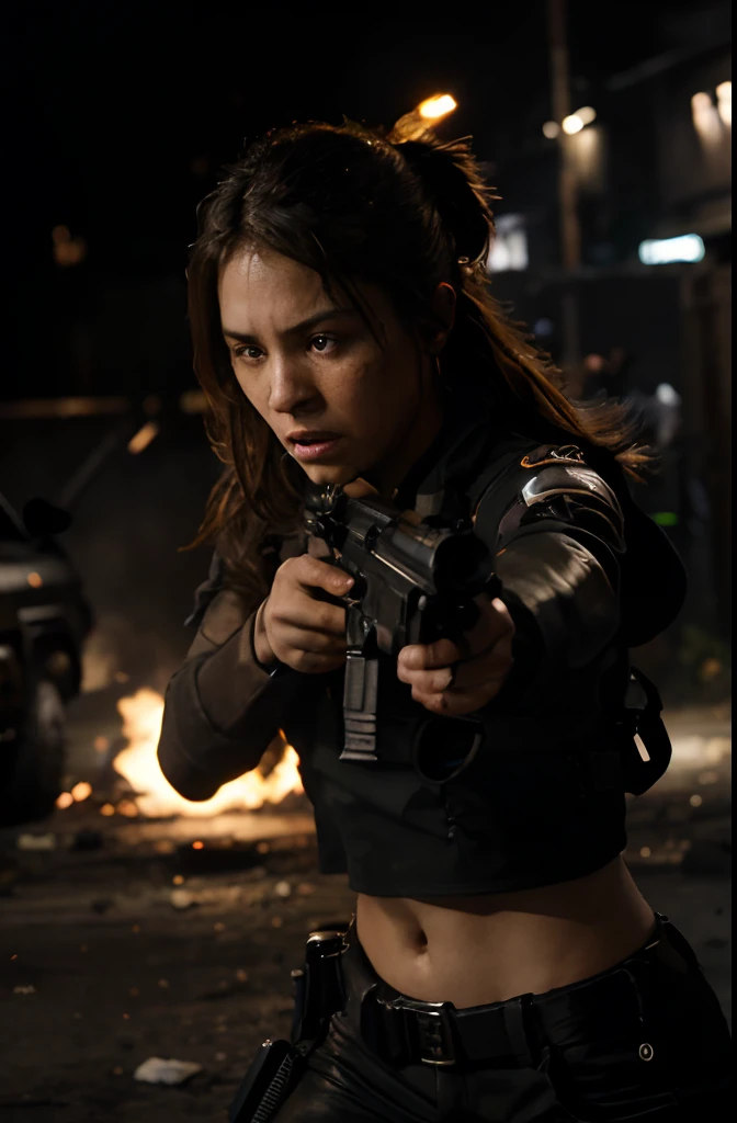 (best quality,4k,highres:1.2),strong lighting(two colors),girl,holds machine guns,shoots friend,portraits,ultra-detailed,realistic,violent,action-packed,gritty,warzone,military,gunfire,explosions,muzzle flash,tension,adrenaline,dark atmosphere,high contrast,shadows,blurred background,fierce expression,firing stance,intense emotion,lethal,friendship betrayed,unfortunate conflict