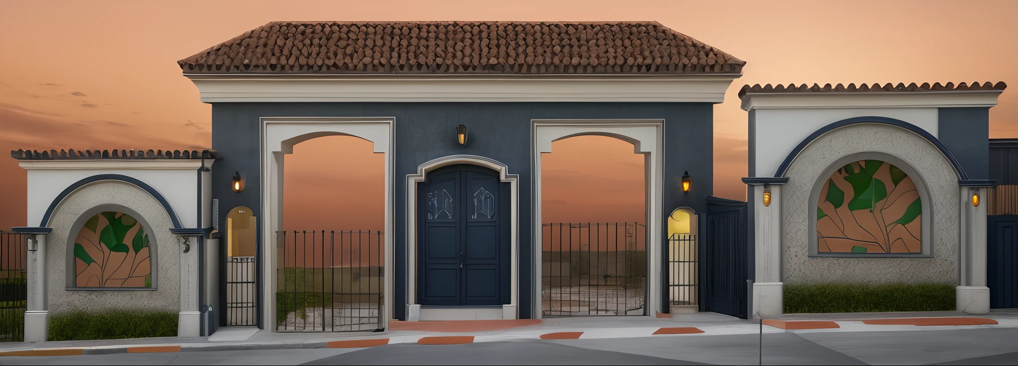 Exterior entrance to residential development, estilo neoclasico, al amanecer, (en la parte superior de una colina), con fachaletas de piedra en sus laterales y una fuente central, esta fuente tipo muro que sale agua y resbala sobre su superfice de peidra, portones de acceso vehicular altos de verjas metalicas, y acceso peatonal elegante, with plants that adorn the interior of the urbanization, Beautiful landscape with trees and green grass, Navy blue and orange color scheme.