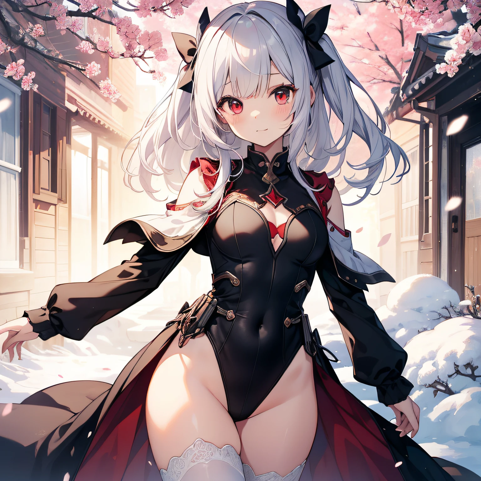 Beautiful illustration、top-quality、cute it girl、(transform sequence)、magical litrl、((Leotard))、Chibi、white magical girl、Fractal Art、albino、baby-faceg snoite and red mesh hair,,,,,,,,、Beautiful detailed red eyes、lighting like a movie、cowboy shot、looking at the viewers、frombelow、Happiness、background is cherryblossoms