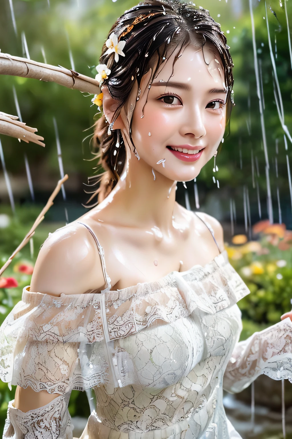 Romantic Lace Off Shoulder Dress,(Floral hair ornament,Short hair in shiny silver and orange inner colors,Ponytail twisted buns adorned with elaborate braids and beads,Braided Setup Fishbone Hair,fishtail braid,),(Bangs are see-through bangs),(((Lace off-the-shoulder dress that gets wet and sticks to the skin:1.7))),(((under the rain、Mature woman walking in a garden full of flowers:1.7))),Its movements are smooth and graceful,Clothes and hair swirl around her,(((Enhance movement with motion blur effects:1.7))),(((Disturbance of clothing due to movement:1.7))),breast slip,(((emphasizing breasts:1.3))),(Dynamic angles),(Dynamic and sexy poses),(bending forward:1.3),(((Dignified statue))),(((hair pin,a necklace,piercings))),Colossal tits,Blush with embarrassment,Enraptured eyes,A smile that beguiles the viewer,skin glistening with sweat,gazing at viewer,pointed red mouth,Perfect round face,,Proper body proportion,Intricate details,Very delicate and beautiful hair,photos realistic,Dreamy,Professional Lighting,realistic shadow,Solo Focus,Beautiful hands,Beautiful fingers,Detailed finger features,detailed clothes features,Detailed hair features,(((Beautiful facial features:1.7))),(masutepiece,top-quality,Ultra-high resolution output image,) ,(The 8k quality,),(Sea Art 2 Mode.1),(Image Mode Ultra HD,)