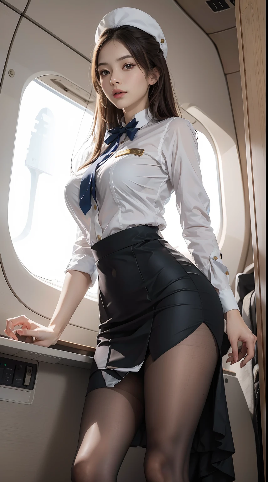 （From the outside） ， Many colors，best qualtiy，8K，Real Photographics，Delicate skin details，tmasterpiece，photos realistic，intricate-detail，RAW photogr,in an airplane，ssmile，florals，Stewardess，sockes,extra long hair，cropped shoulders，delicated face，Hainan Airlines，Professional attire of flight attendants，Manteau，skirt by the，ornamented，Perfect Finger，Dissection is correct，(Large room，0.8)，Big Cuby hips，shiny skins，Shooting from front